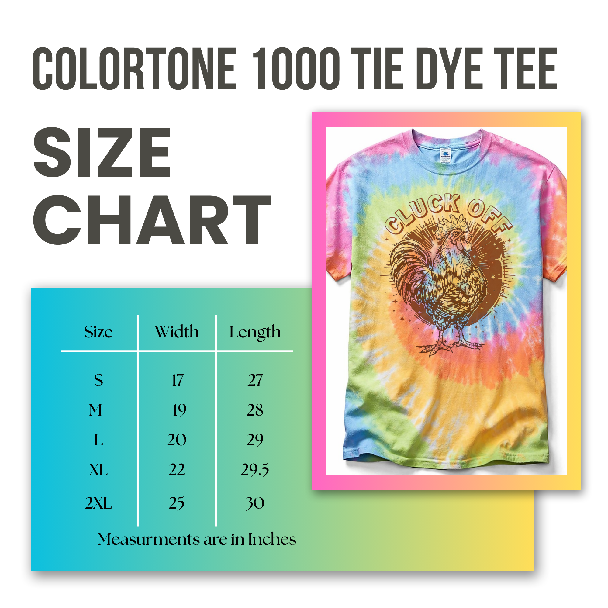 Coloritone 1000 tie dye tee size chart with shirt design featuring a rooster.