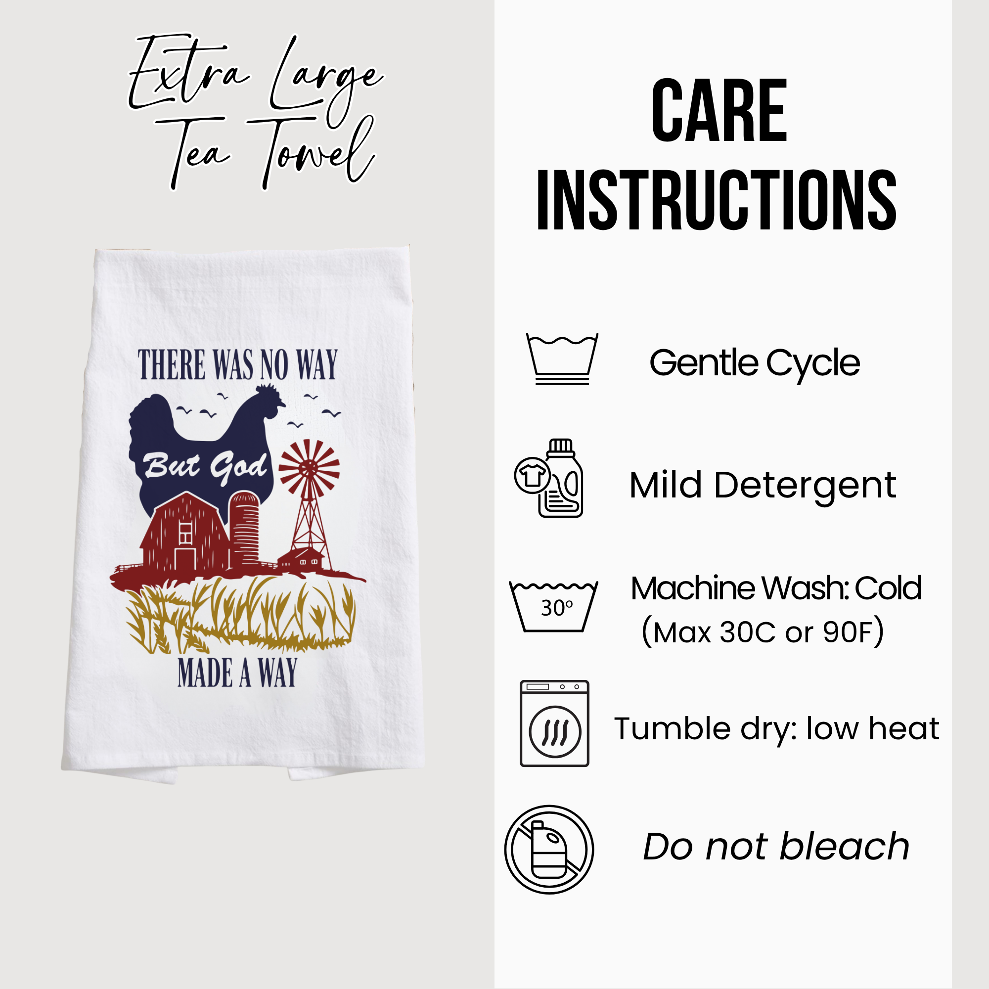 Tea towel with farm scene design and care instructions on a white background