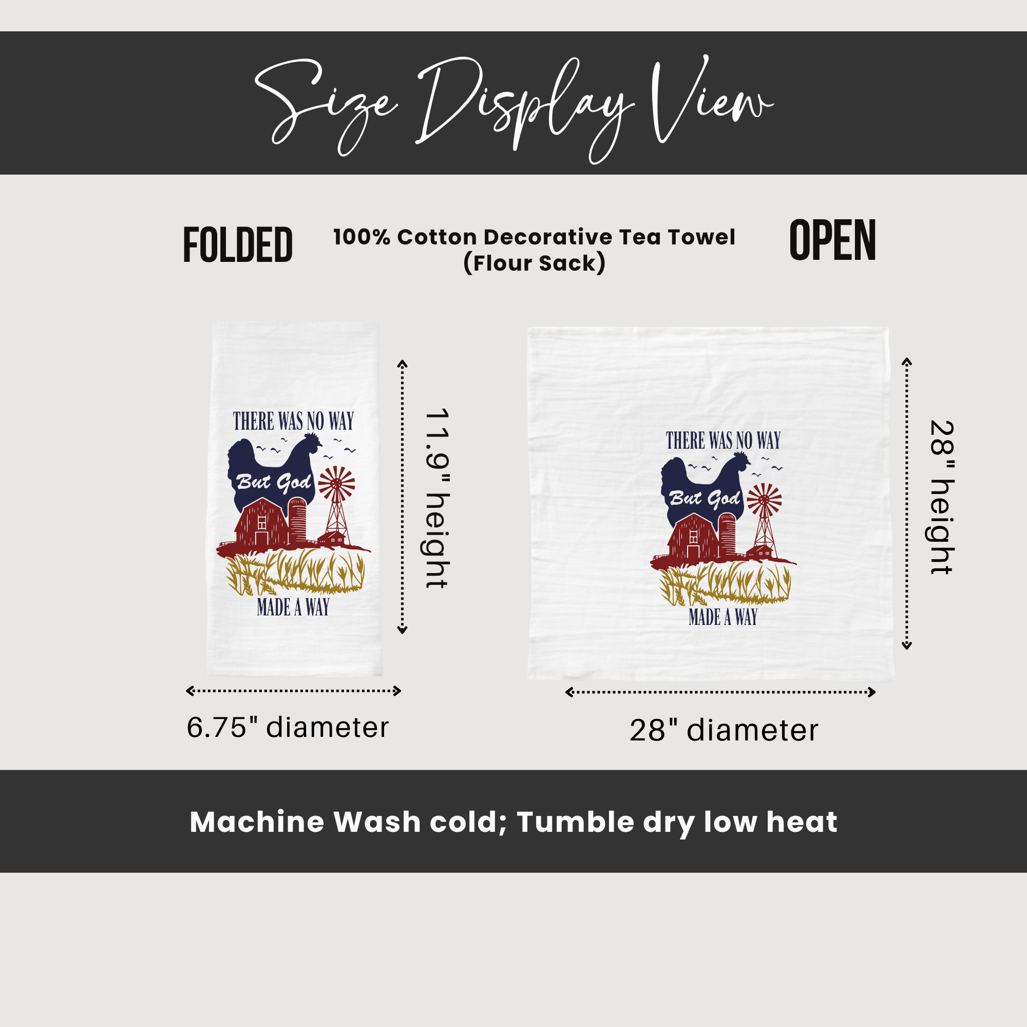 Size display view of a decorative tea towel with measurements and care instructions.