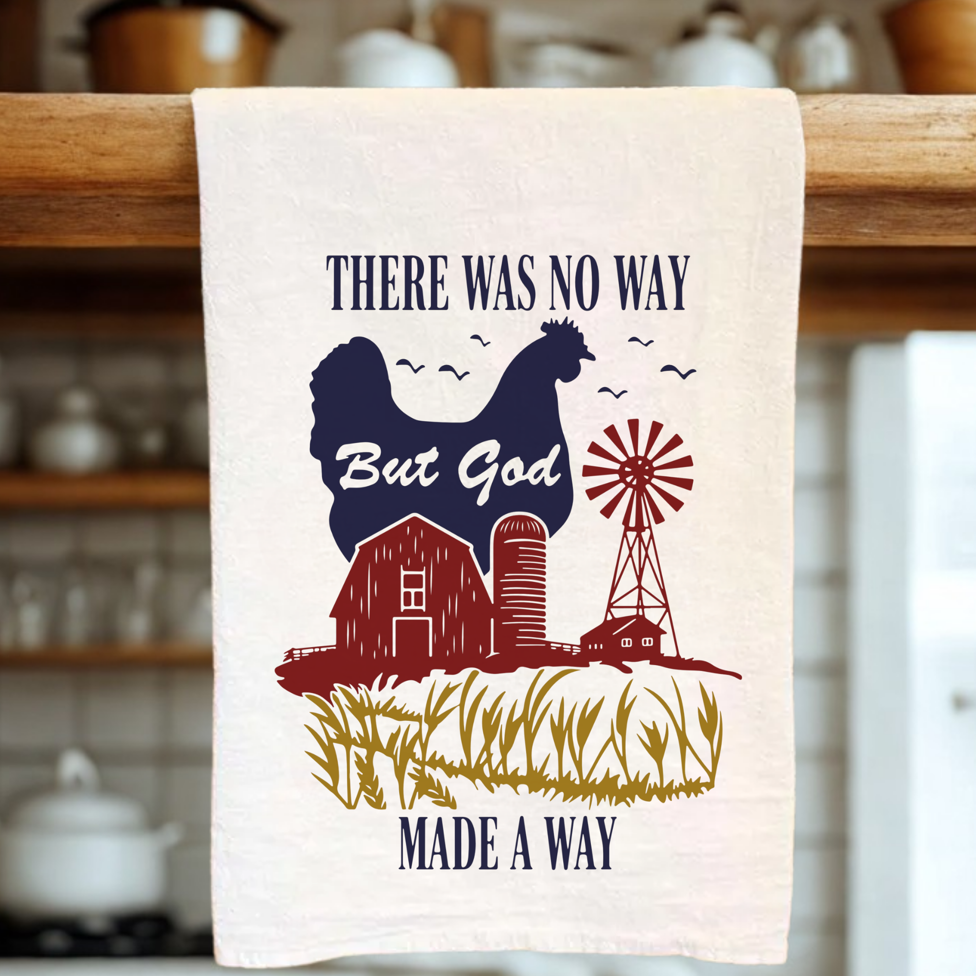 Kitchen towel with farm-themed design and text in a kitchen setting
