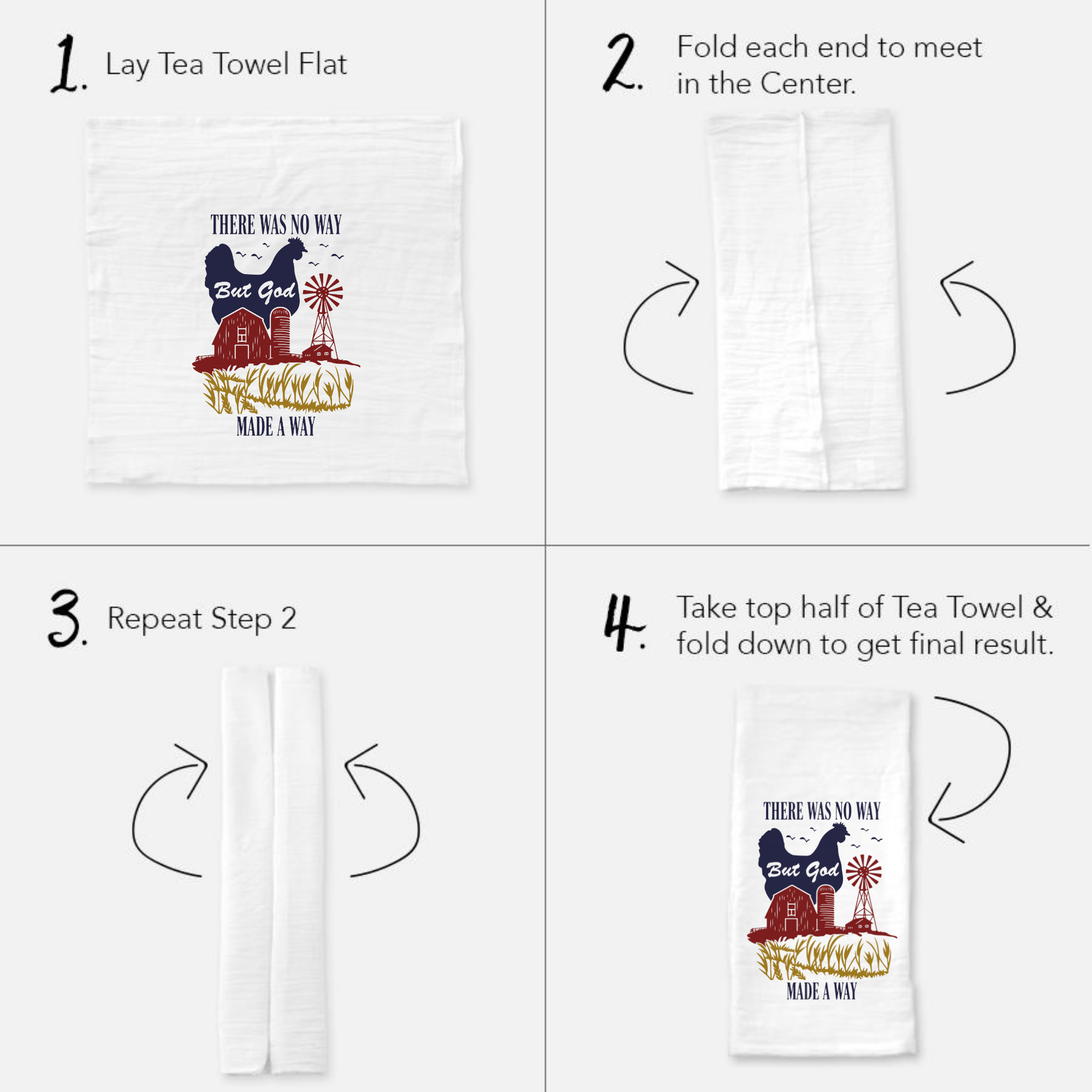 Instructions for folding a tea towel with a graphic design on a white background