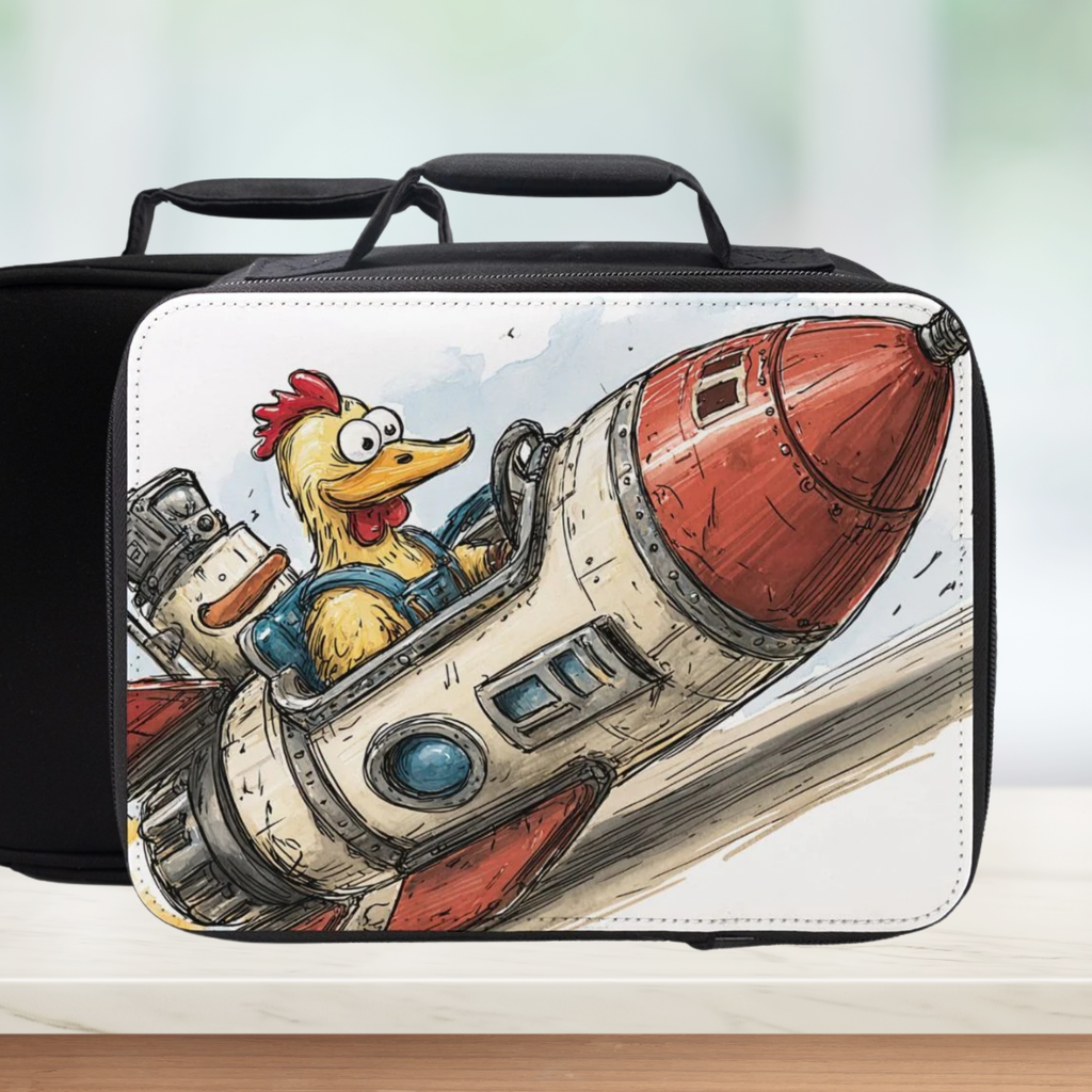 Lunch bag with cartoon chicken in a rocket design on a white background