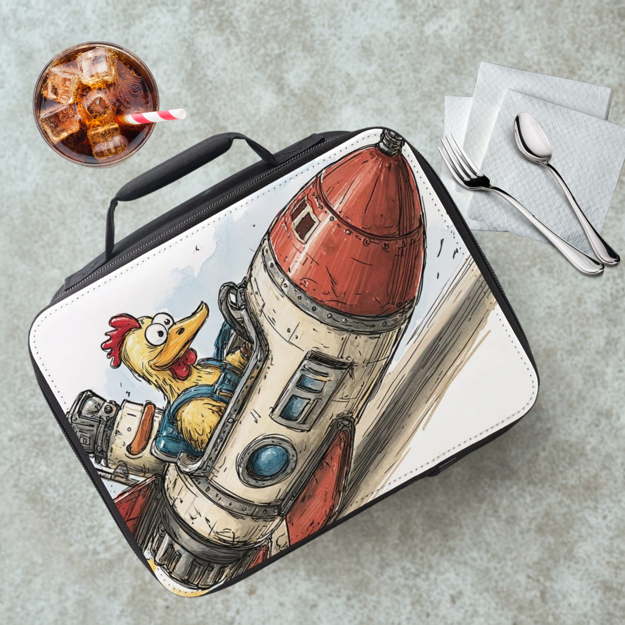 Lunch bag with a cartoon chicken astronaut design on a cafeteria table with a drink and utensils.