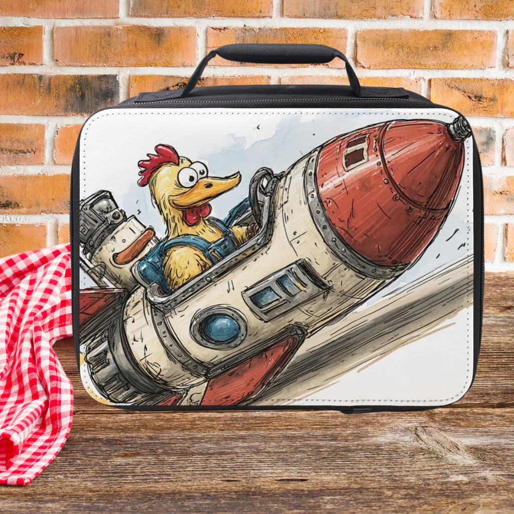 Lunch bag with cartoon chicken in a rocket design on a wooden picnic table against a brick wall background.