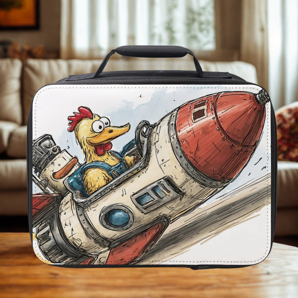 Lunch bag with a cartoon chicken in a rocket ship design on a wooden living room table.