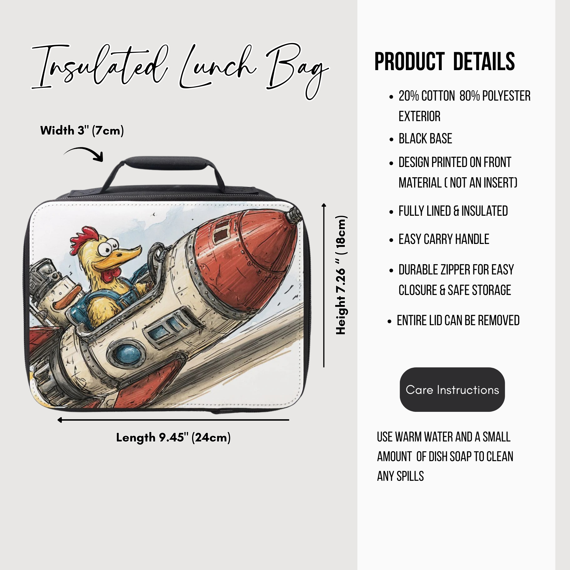 Insulated lunch bag with cartoon chicken in a rocket ship design on a white background