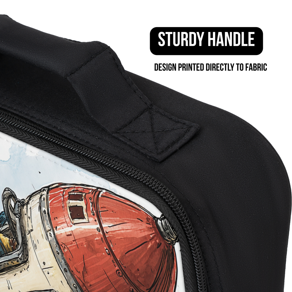 Black lunch bag with a red and white design, featuring a sturdy handle and text about fabric printing