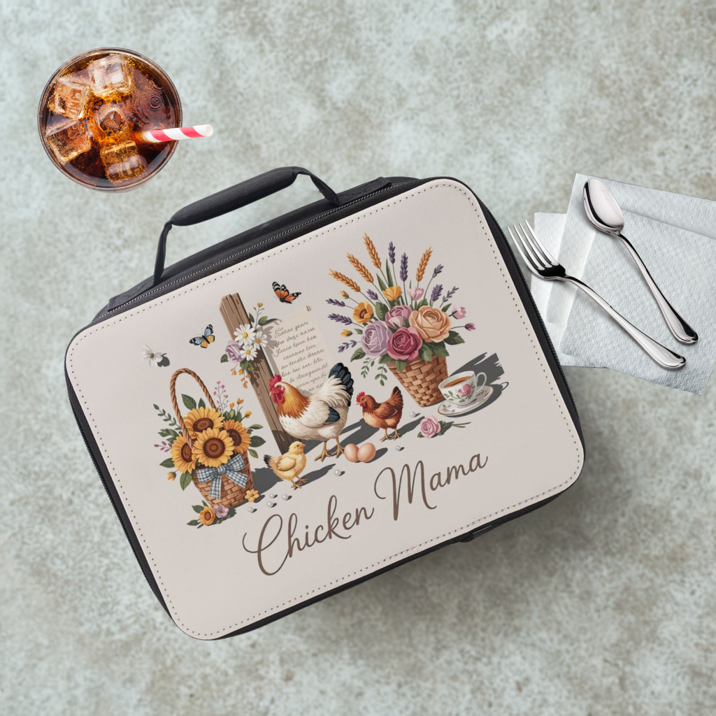  insulated lunch bag with 'Chicken Mama' design on a table with a drink and utensils.