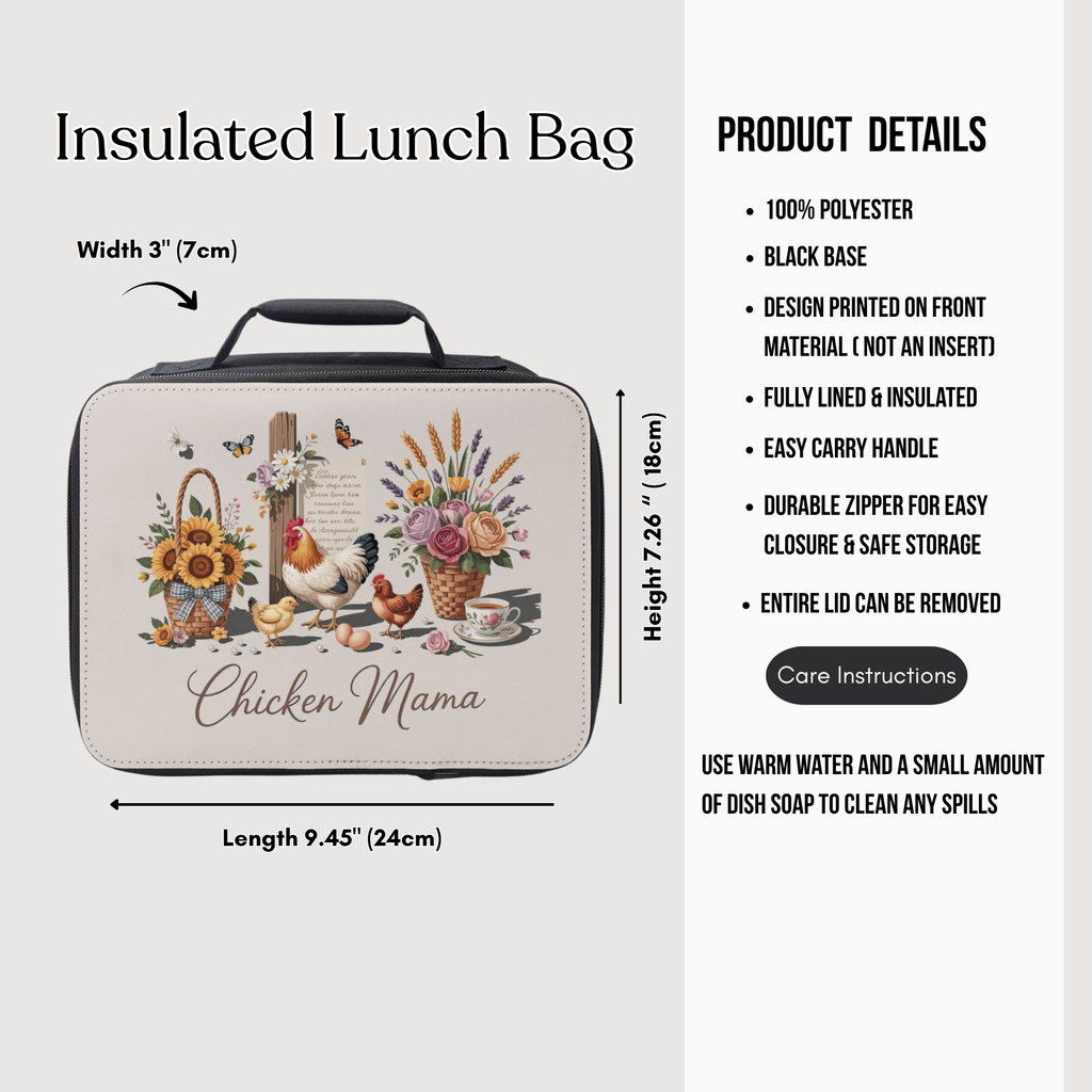 Insulated lunch bag with chicken-themed design and product details on a white background