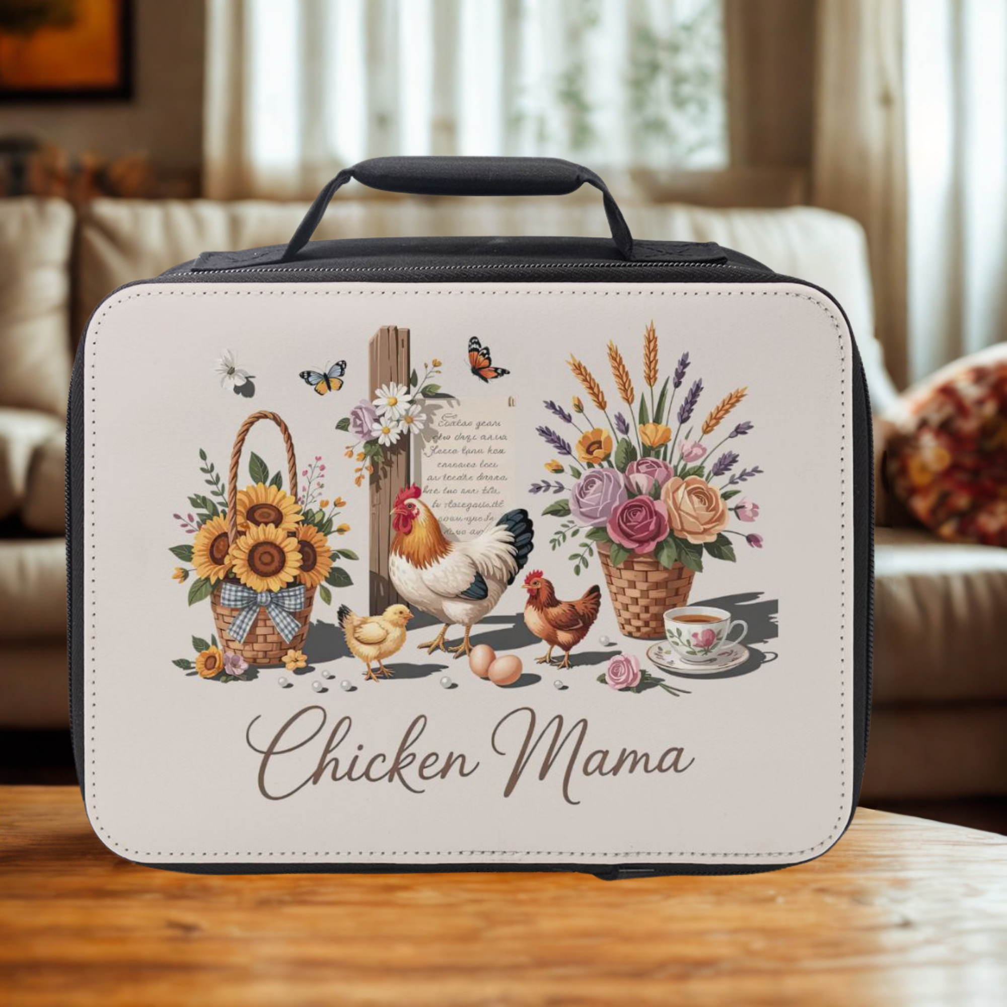 Lunch bag with chicken and floral design on a wooden coffee table