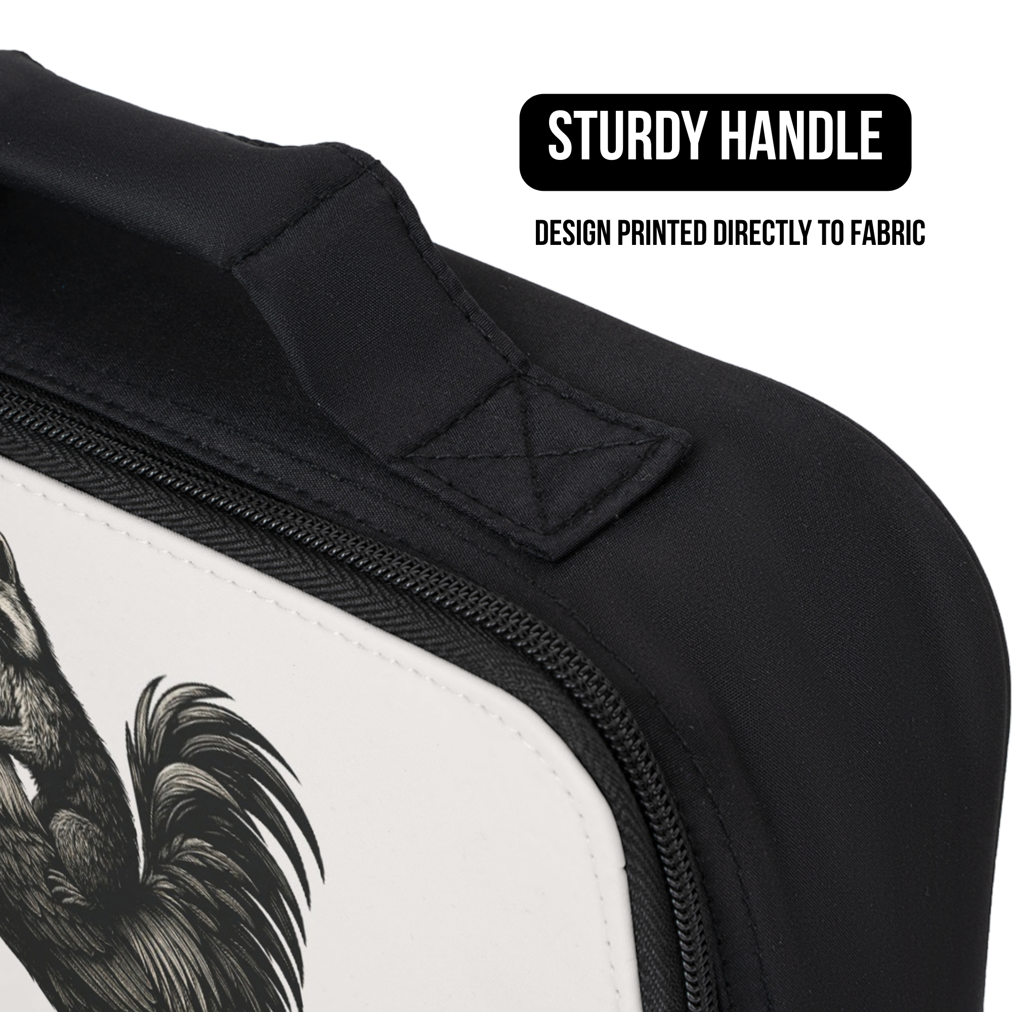 Black lunch bag with design of a raccoon riding a chicken printed directly to the fabric and a sturdy handle.