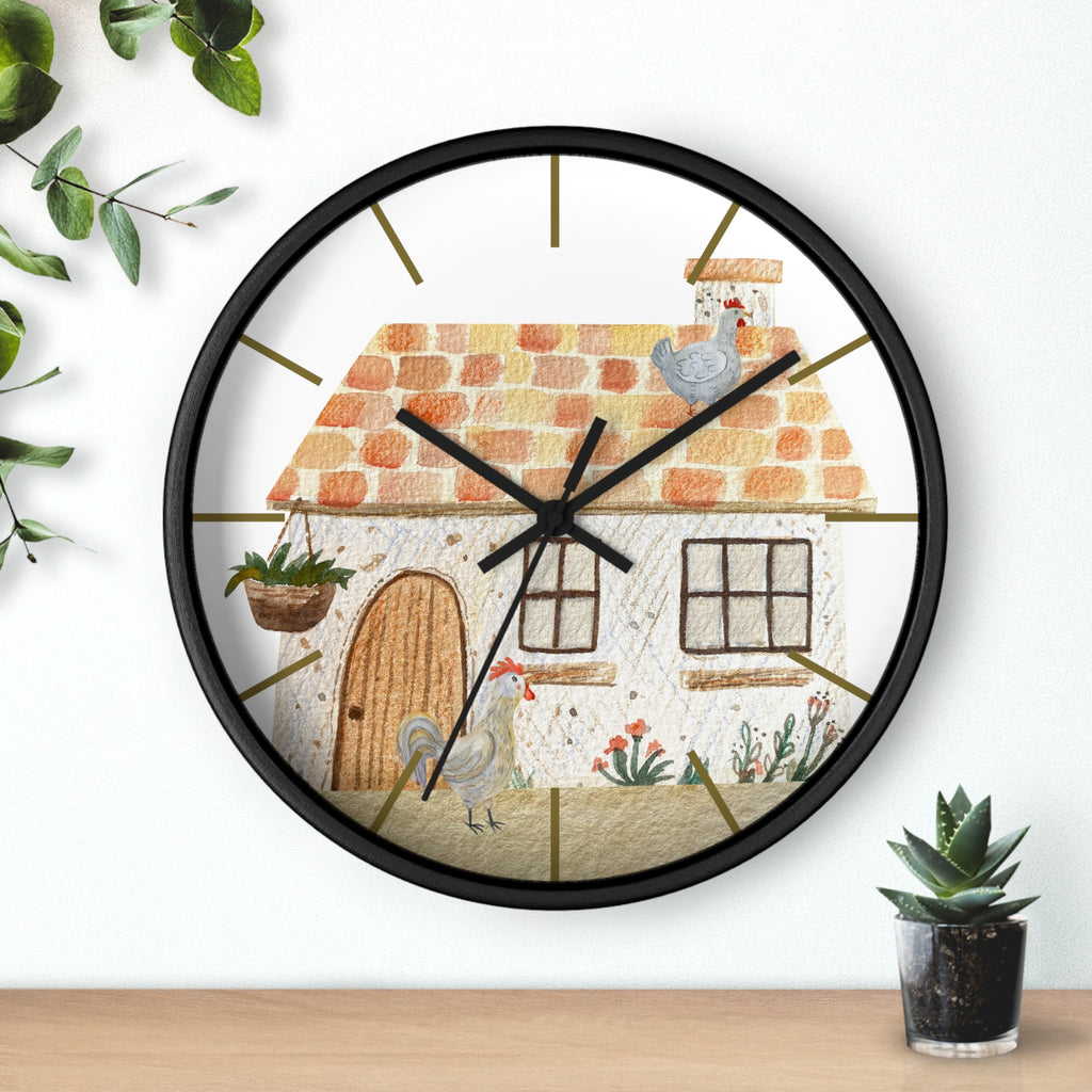 Wall clock with a farmhouse design featuring chickens and plants on a white background.