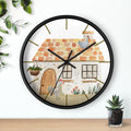 Wall clock with a farmhouse design featuring chickens and plants on a white background.