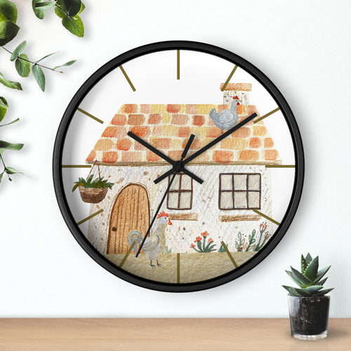 Wall clock with a farmhouse design featuring chickens and plants on a white background.