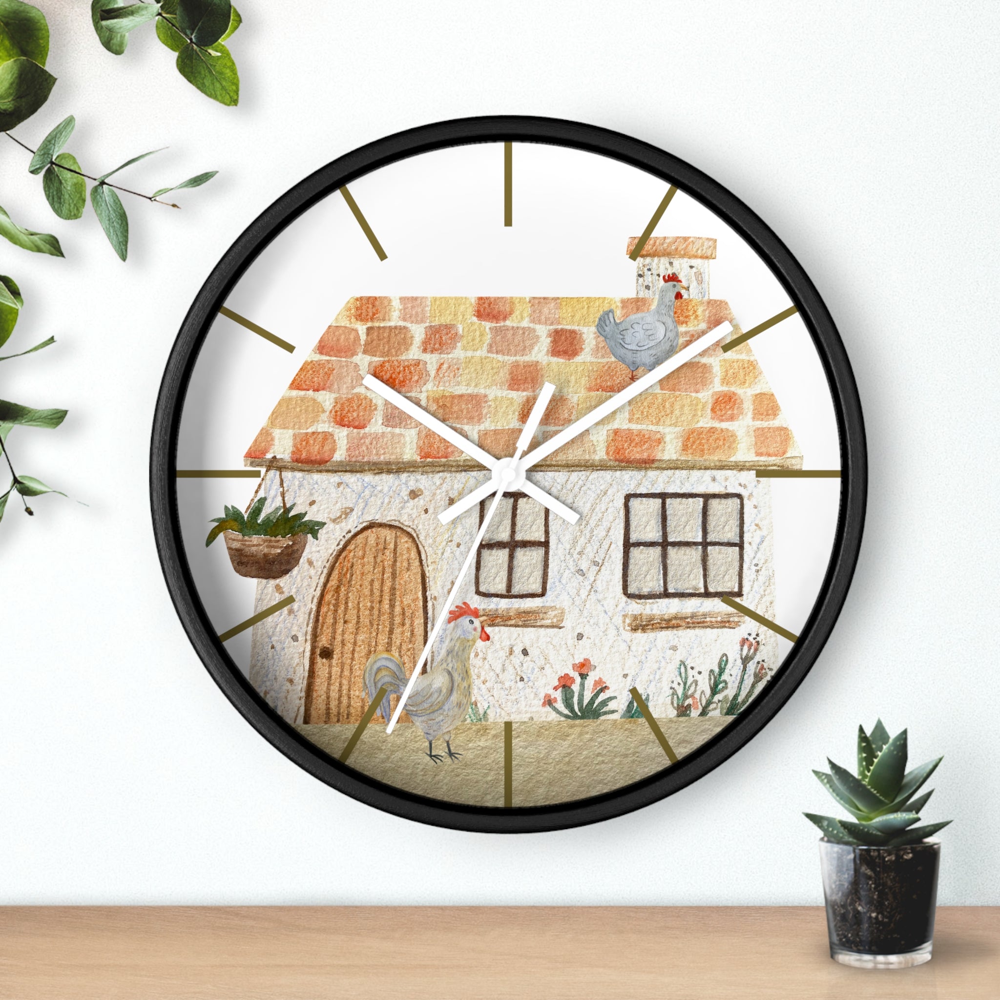 Round black wall clock with a country house and rooster design on a white background