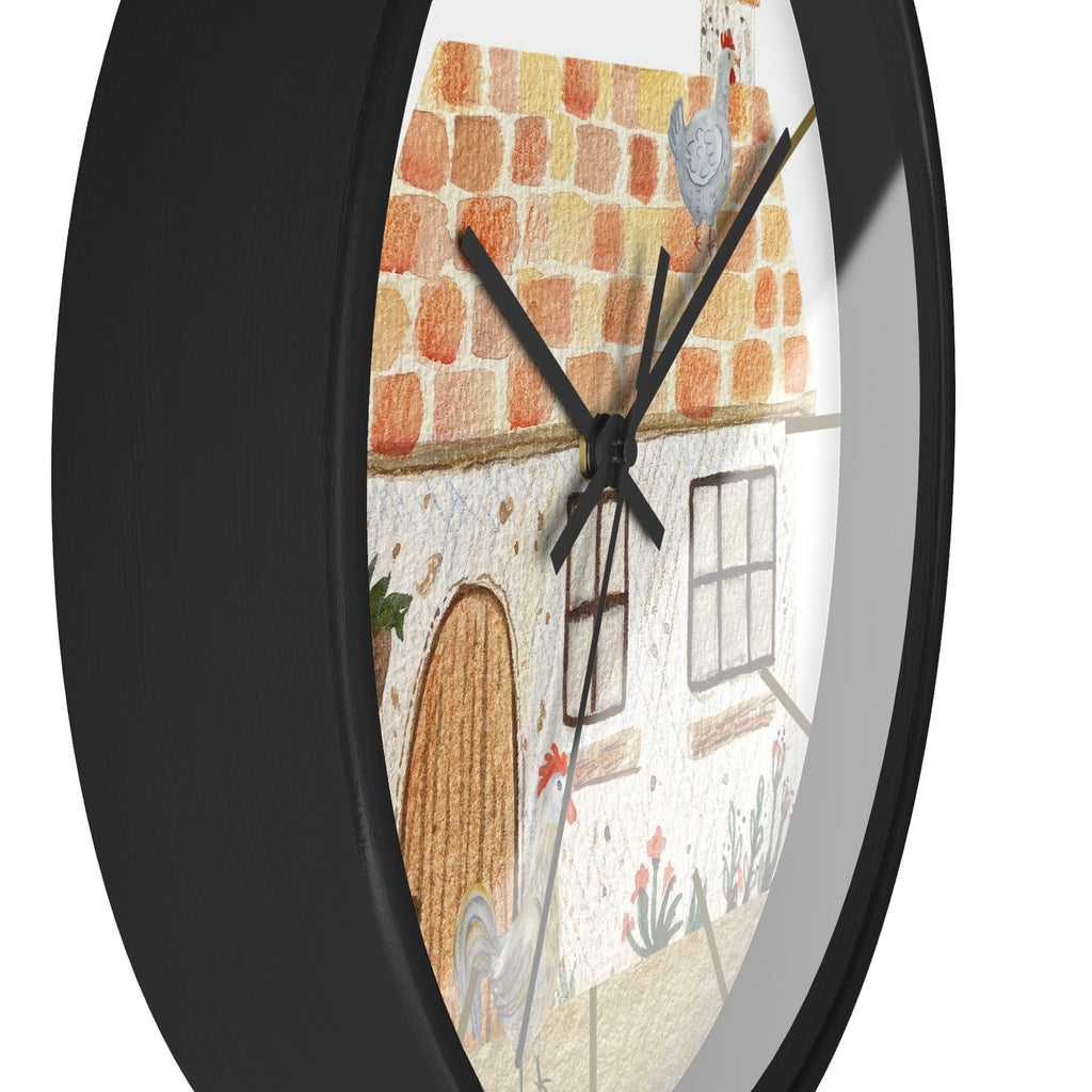 Side of a round black wall clock with a decorative country chicken design.