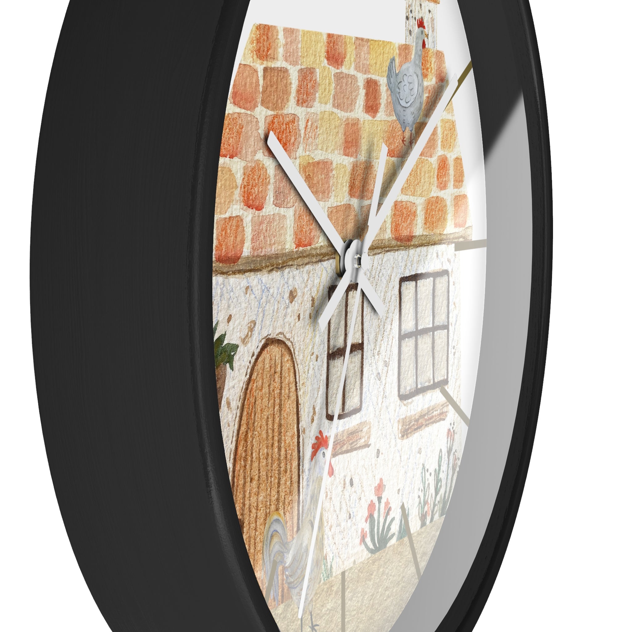 Side view of a round black wall clock with a decorative design of a house and brick wall.