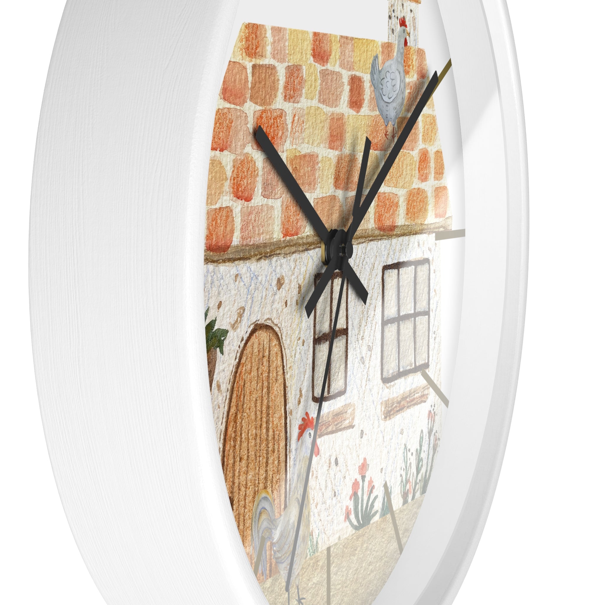 White Wall clock with a chicken and house design on a white background