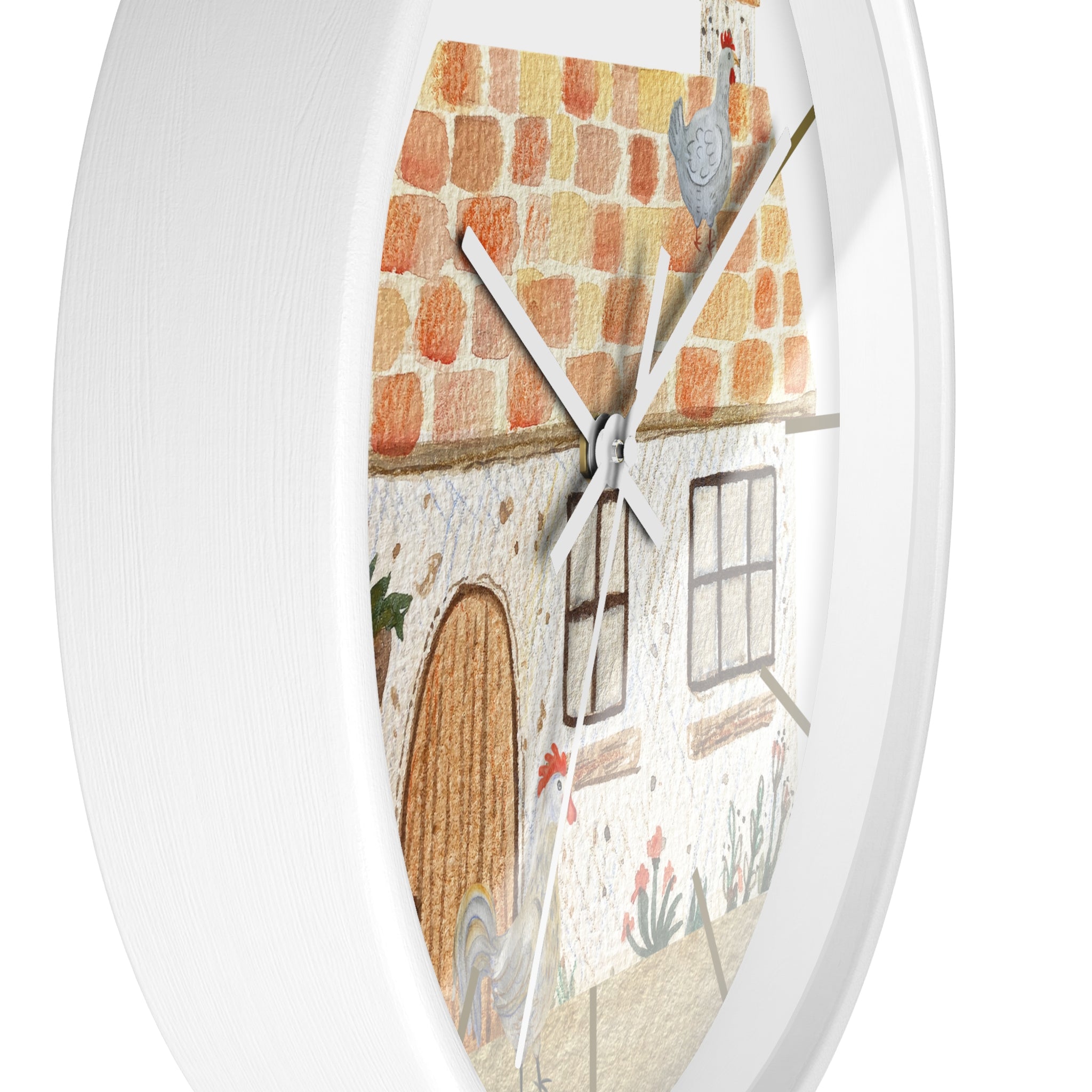 Side view of a round white wall clock with a chicken and house design on a white background