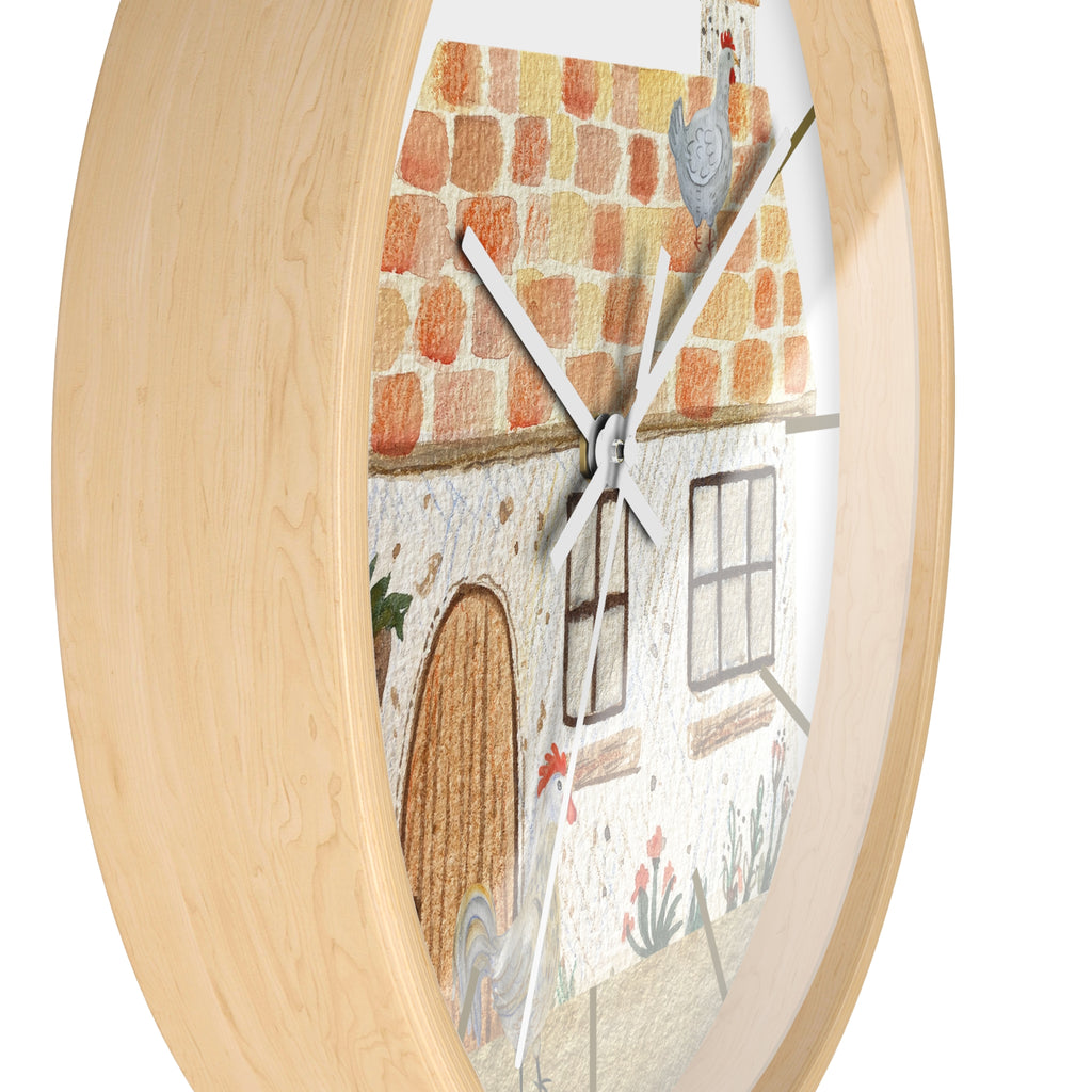 Wall clock with a decorative design of a house with chickens on a white background