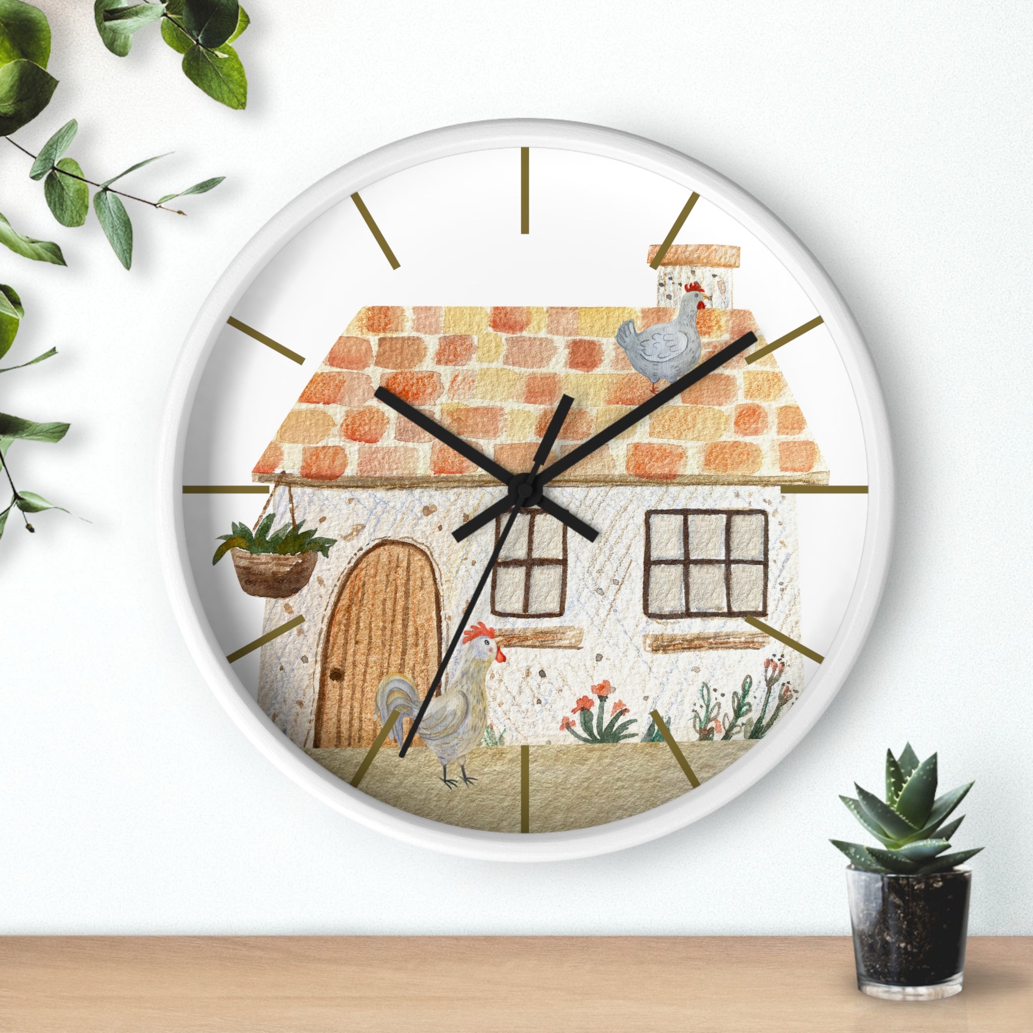Wall clock with a farmhouse design featuring chickens and plants on a white background.