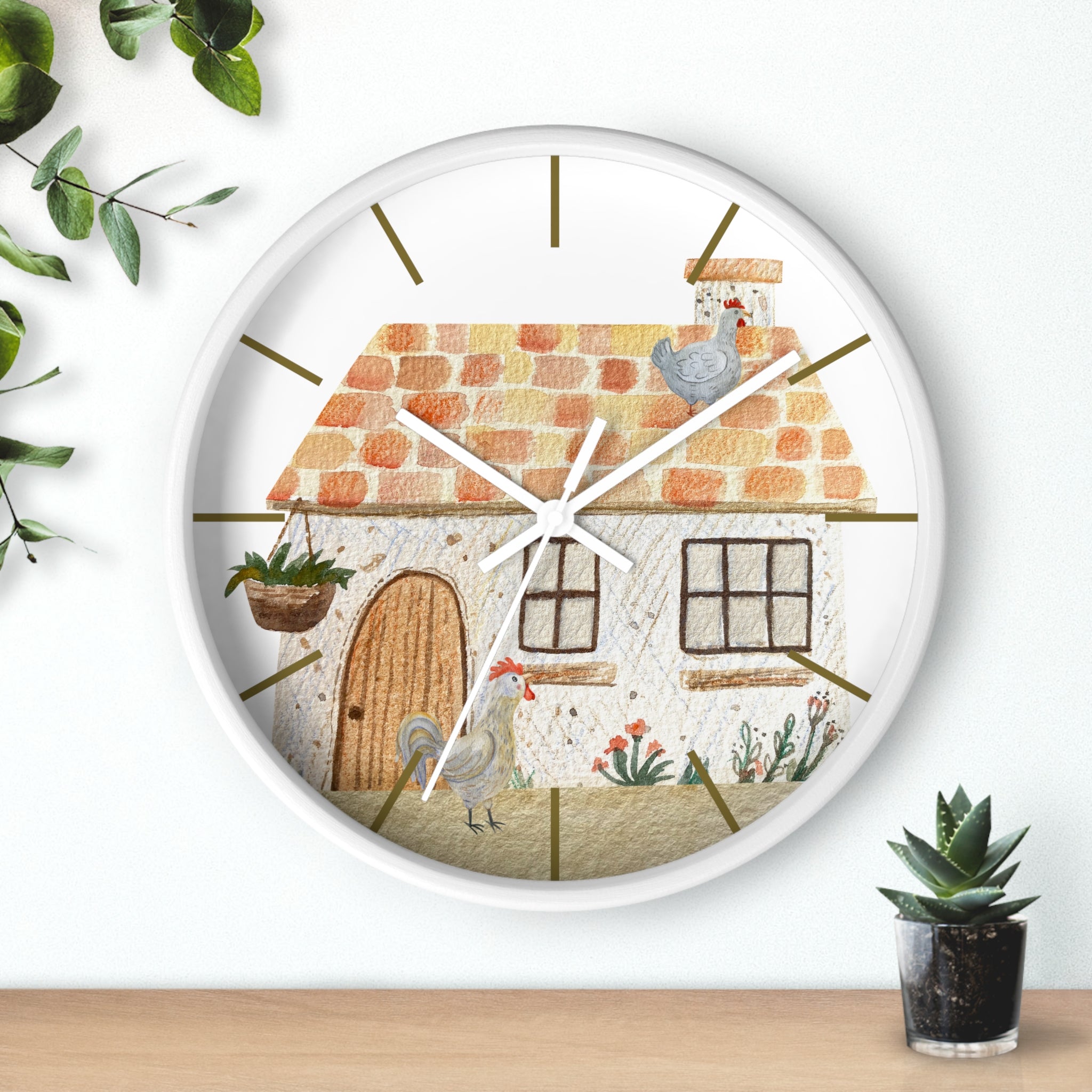 Round white wall clock with a house and chicken design on a white background