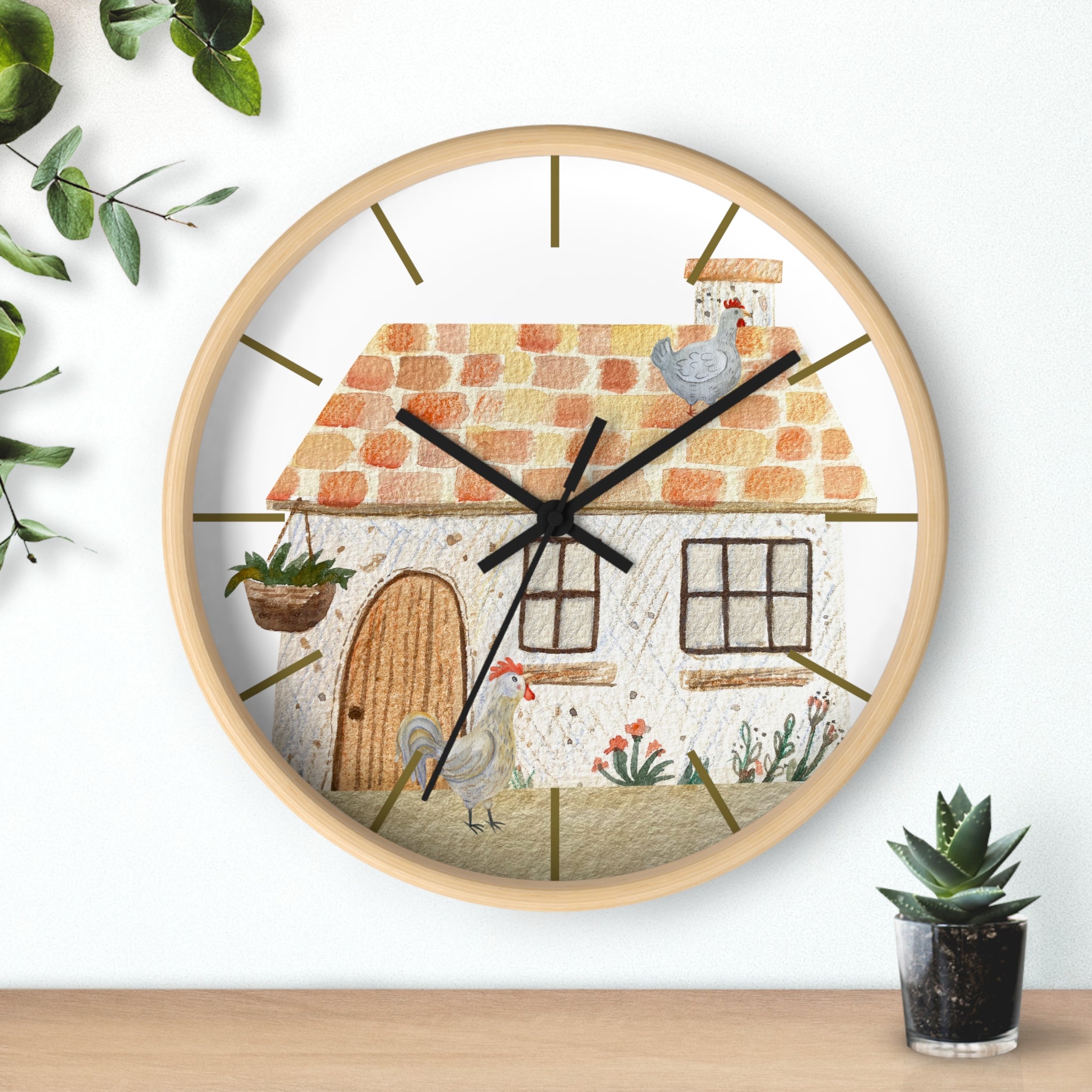 Wood wall clock with a house and chicken design on a white background