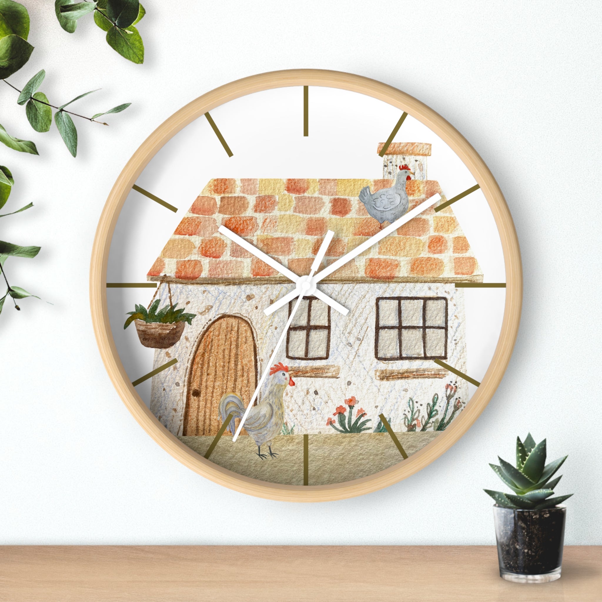Wood wall clock with a house and chicken design on a white background