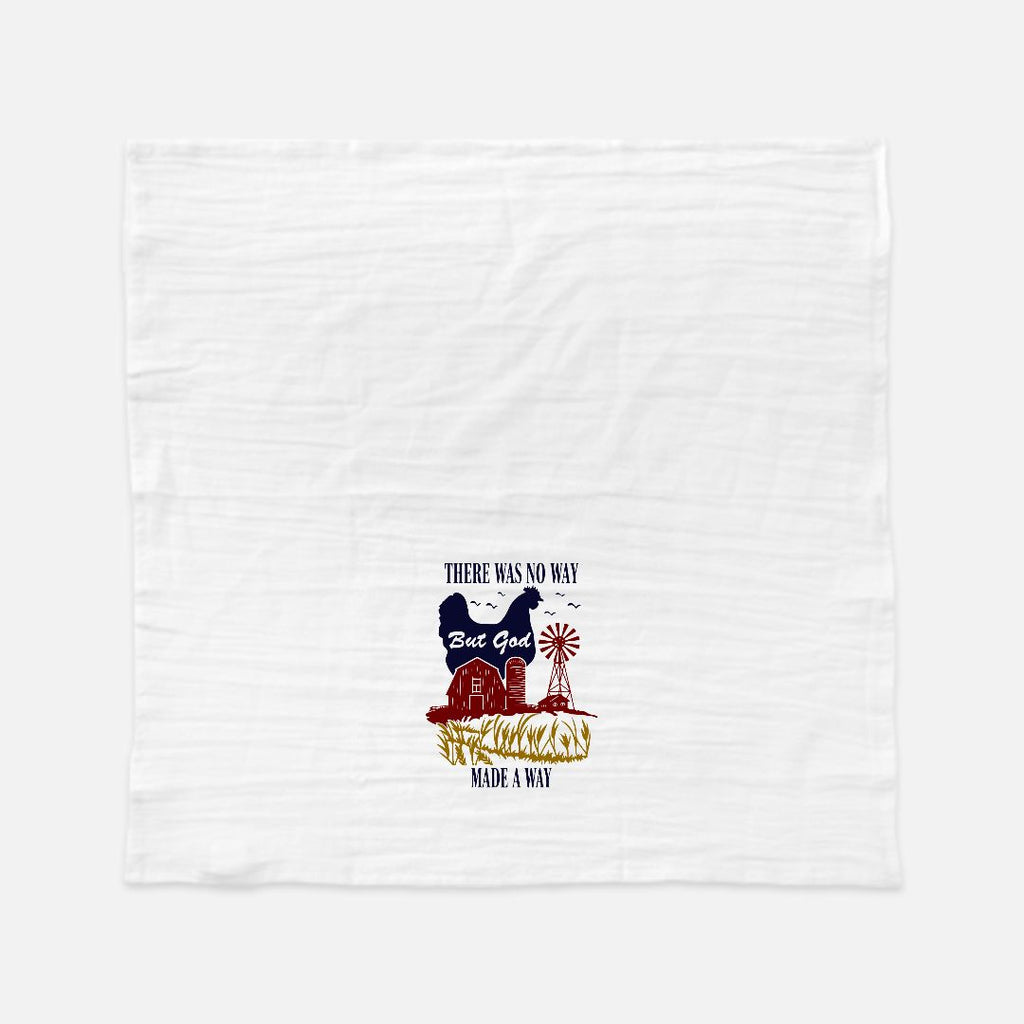 White tea towel with a graphic design of a cowboy and text on a white background