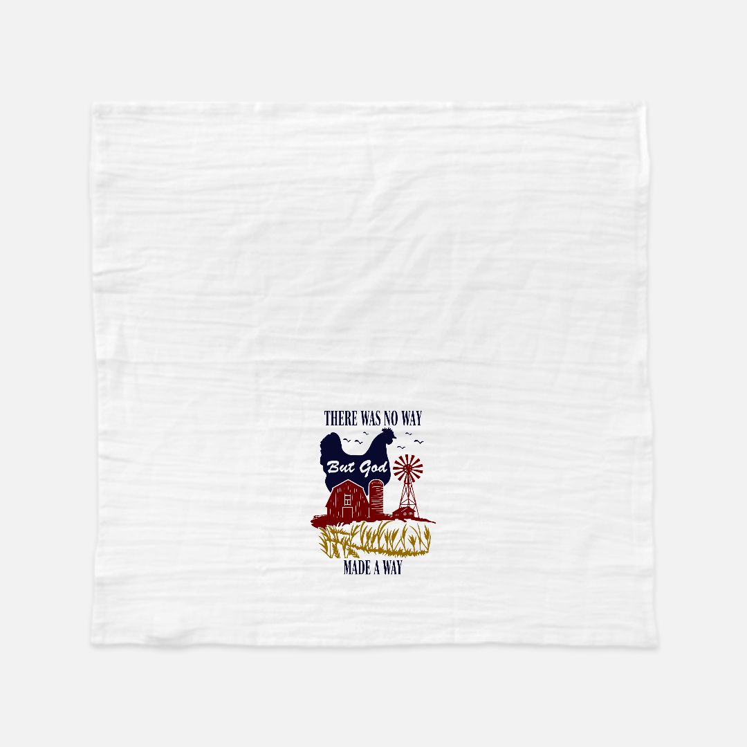 White tea towel with a graphic design of a cowboy and text on a white background