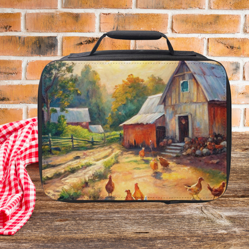 insulated lunch bag with farm scene design on a wooden picnic table and brick wall background