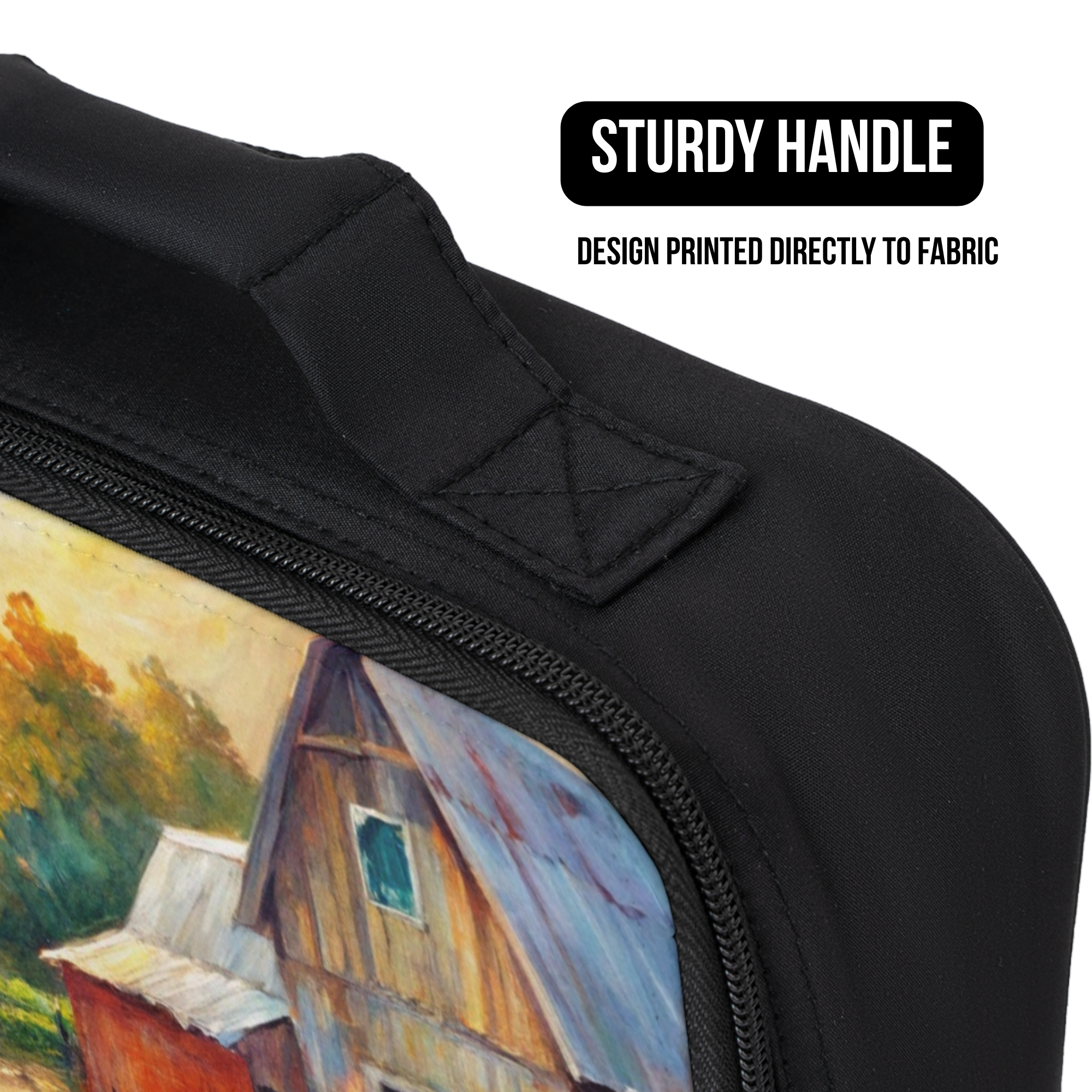 Black lunch bag with a printed design of an old house, featuring a sturdy handle.