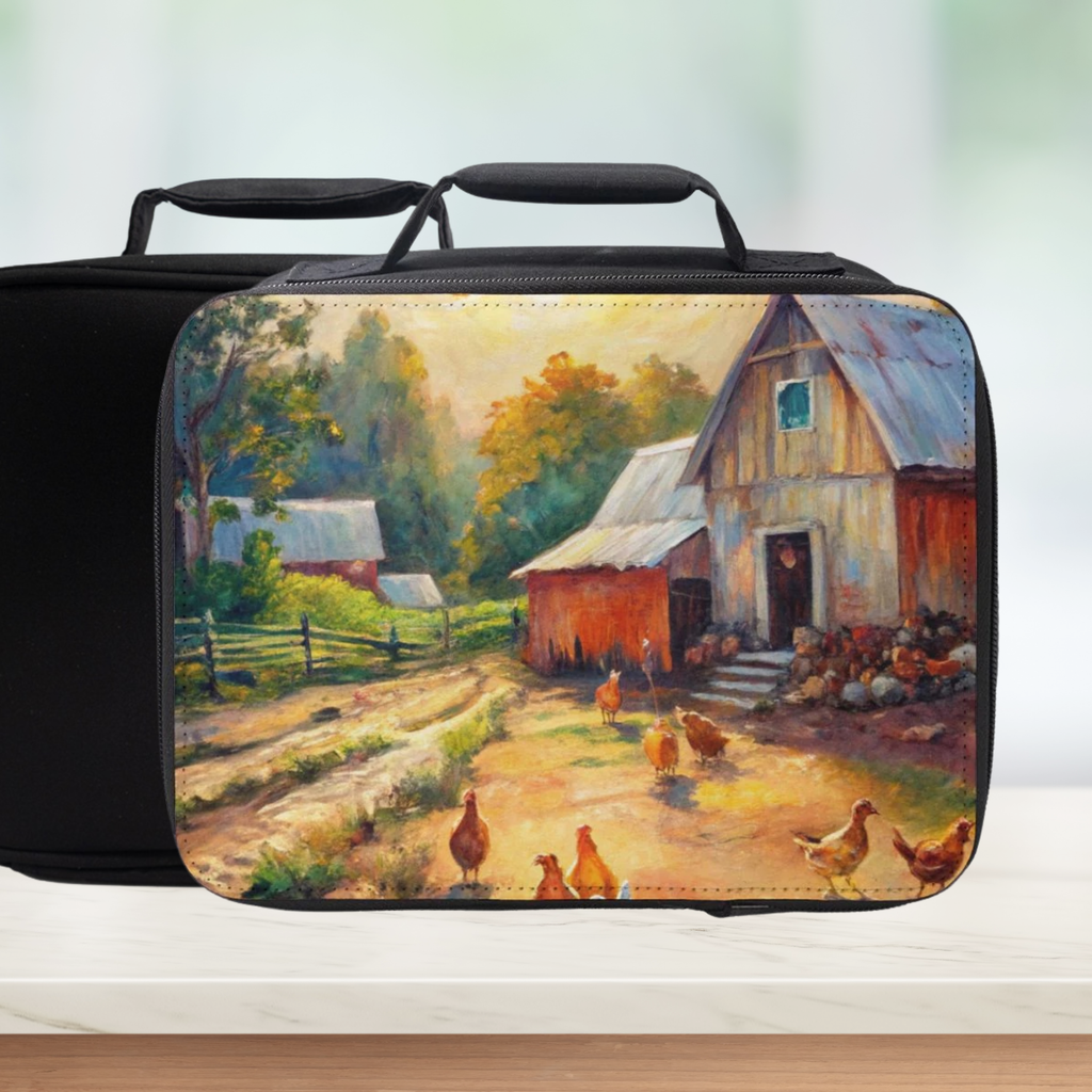 Black lunch bag with a farm scene design featuring chickens and a barn.