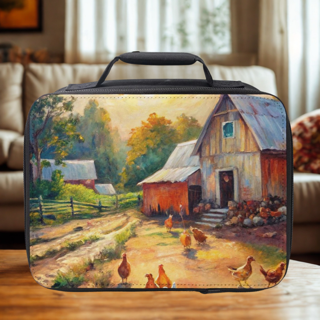  insulated lunch bag with a farm scene design on a wooden coffee table in a cozy living room