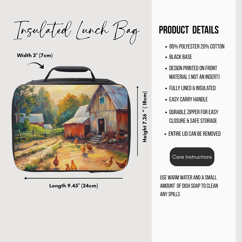 Insulated lunch bag with farm scene design and product details on a white background