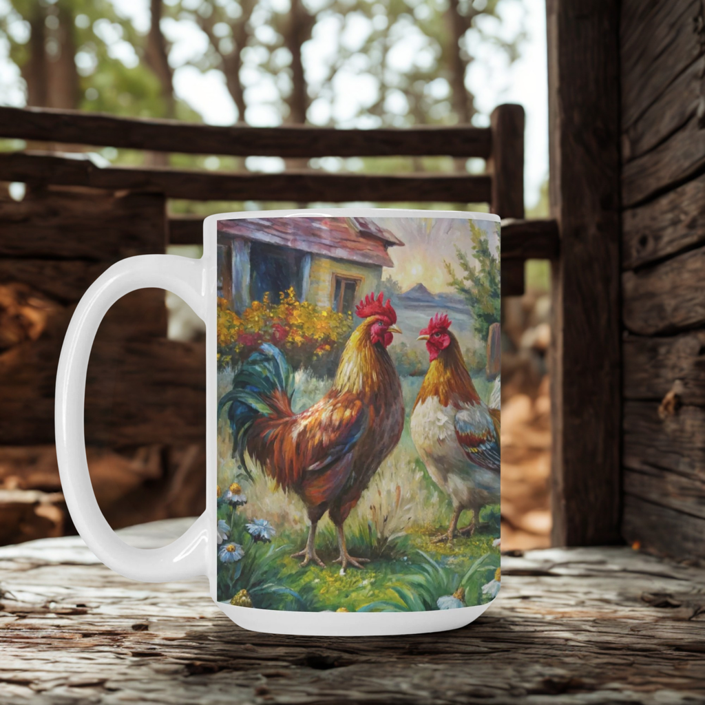 Mug with rooster design on a wooden outside table