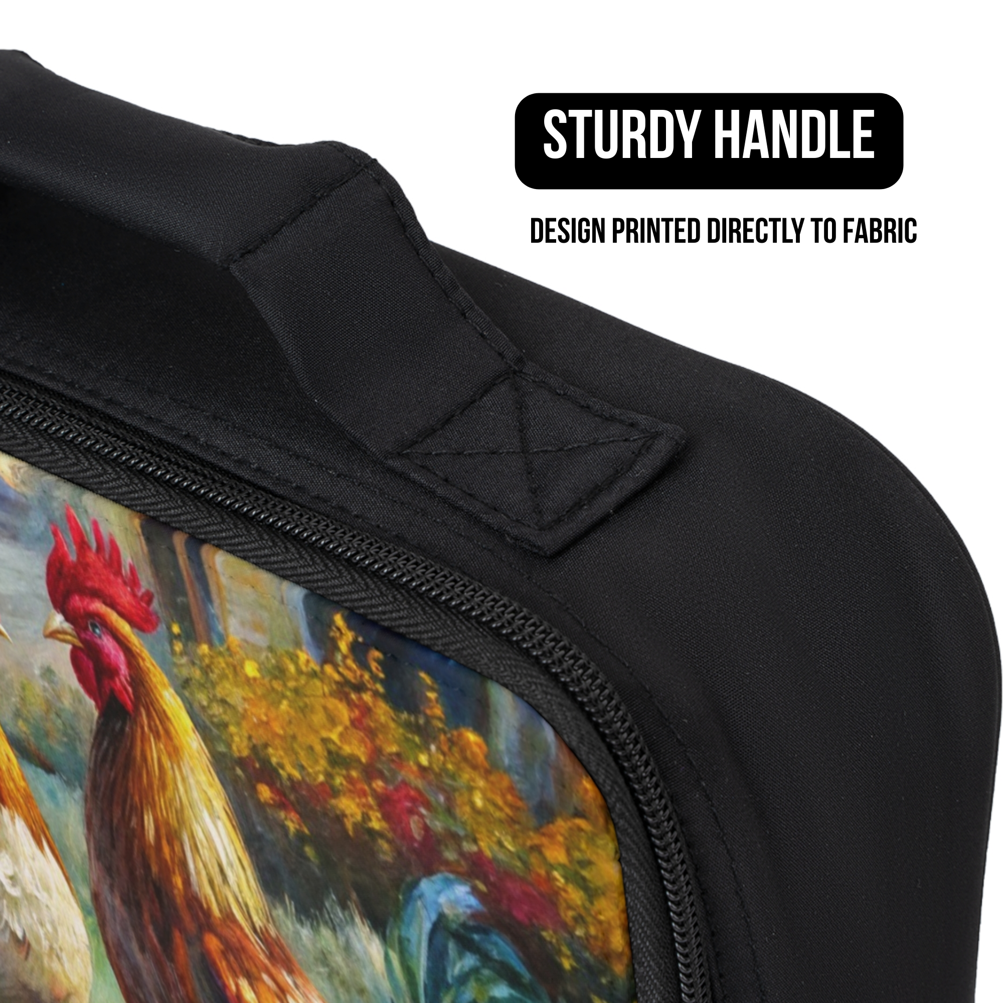 Black lunch bag with a rooster design printed directly to the fabric and sturdy handle feature.