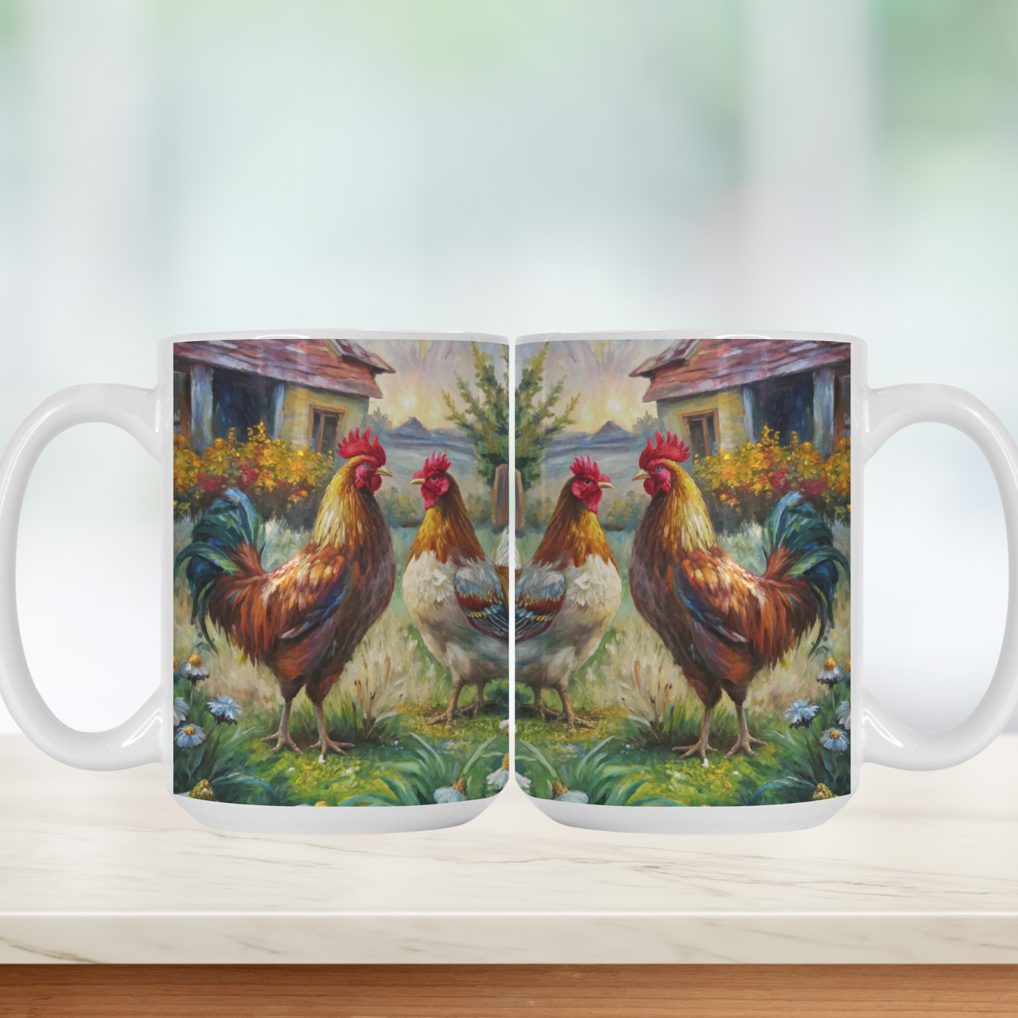 Mug with a design of chickens in a field on a white background