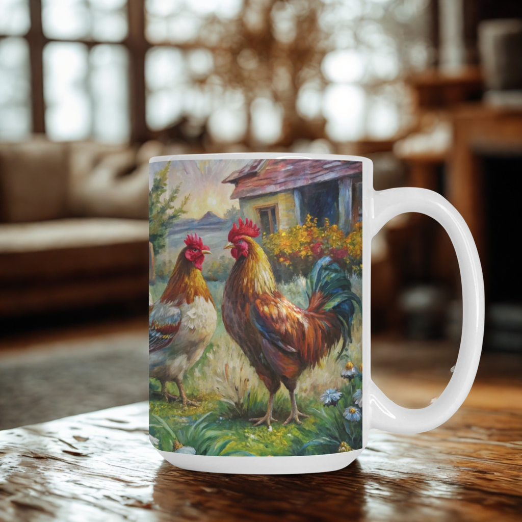 Mug with rooster design on a wooden table in a cozy living room.