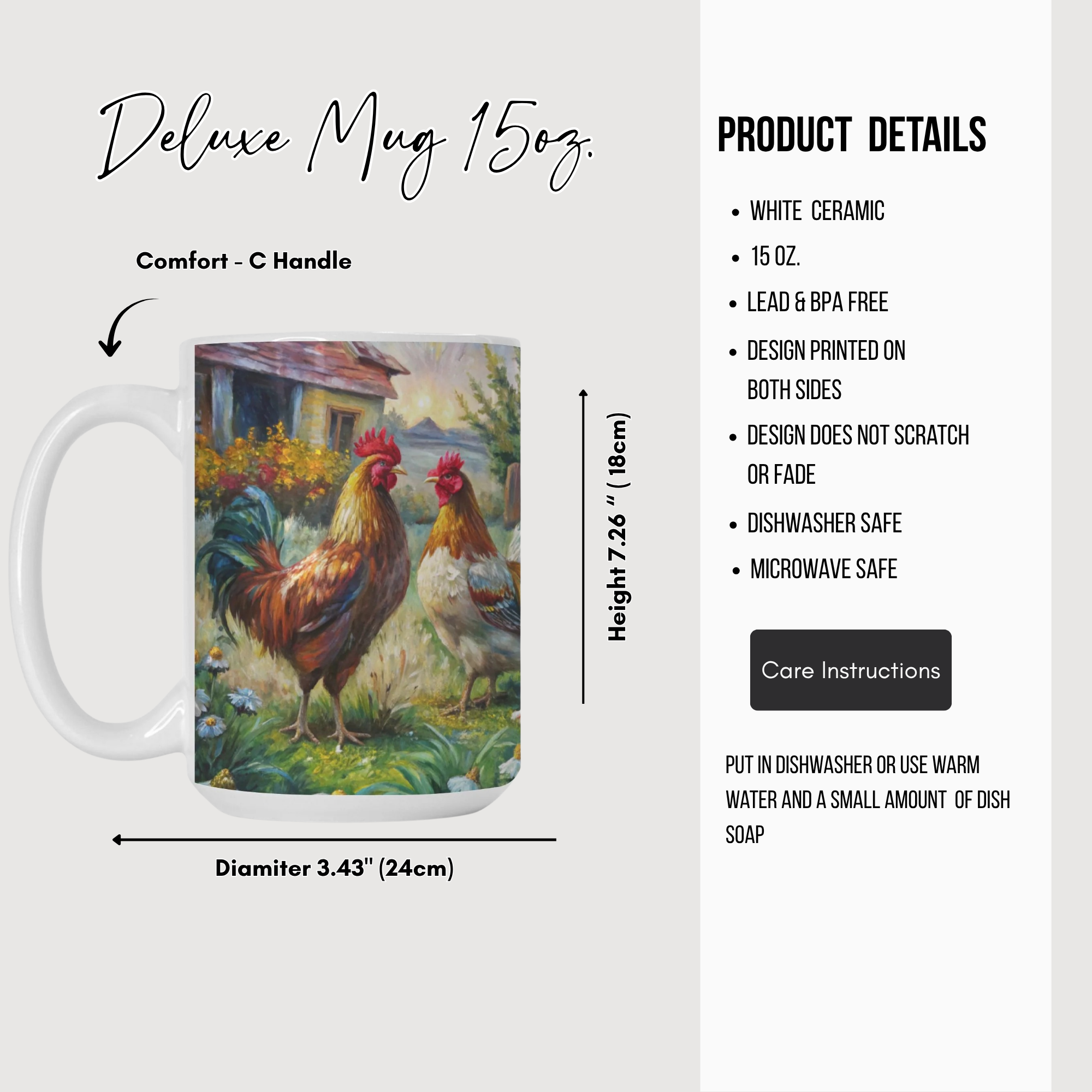 Mug with rooster design and product details on a white background