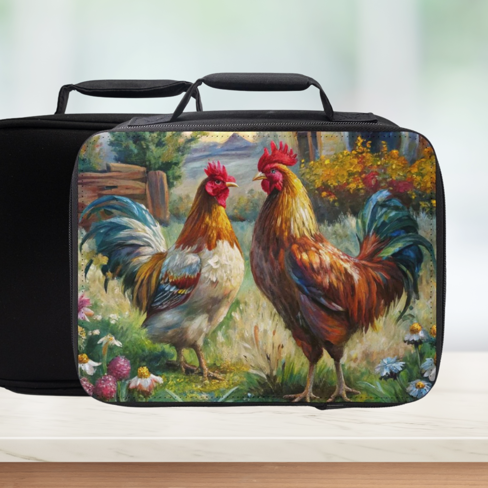  insulated lunch bag with rooster design on a white background