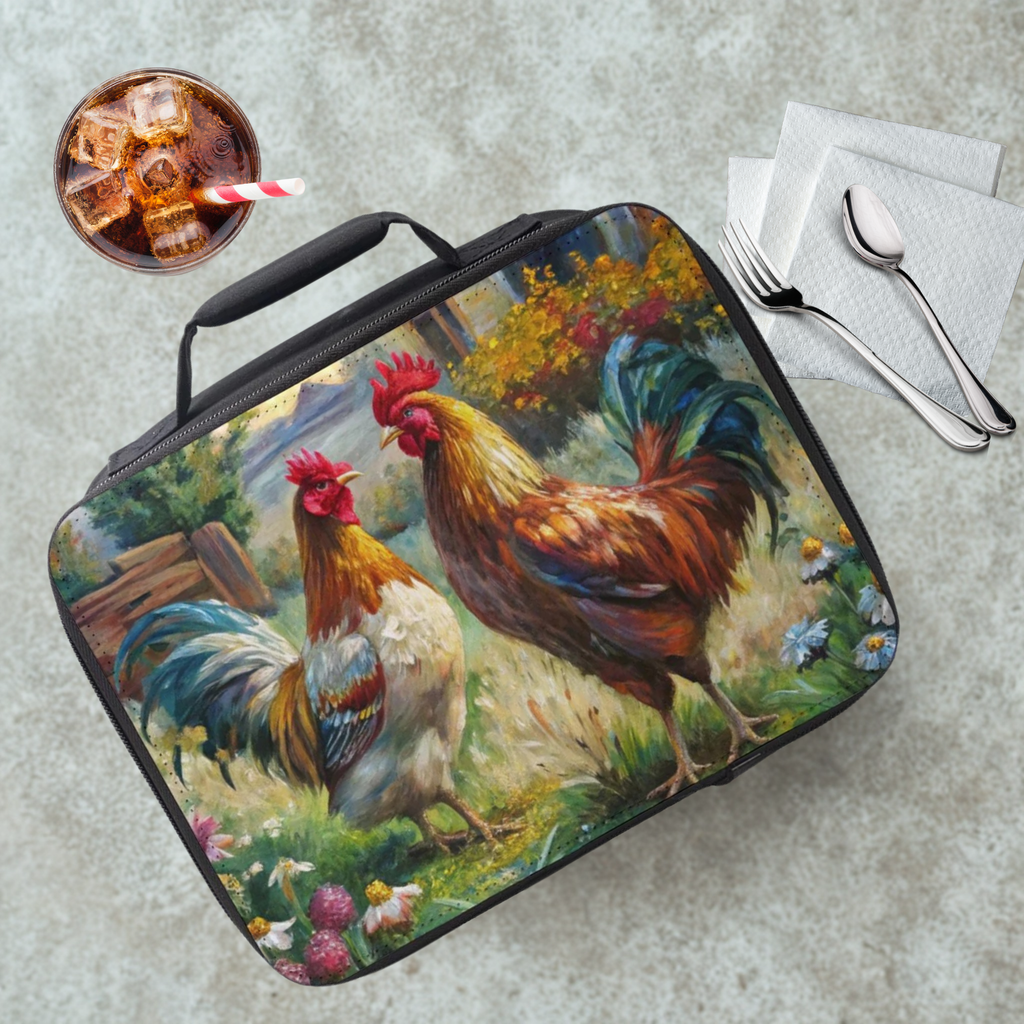 Lunch bag with rooster design on a table with a drink and utensils.