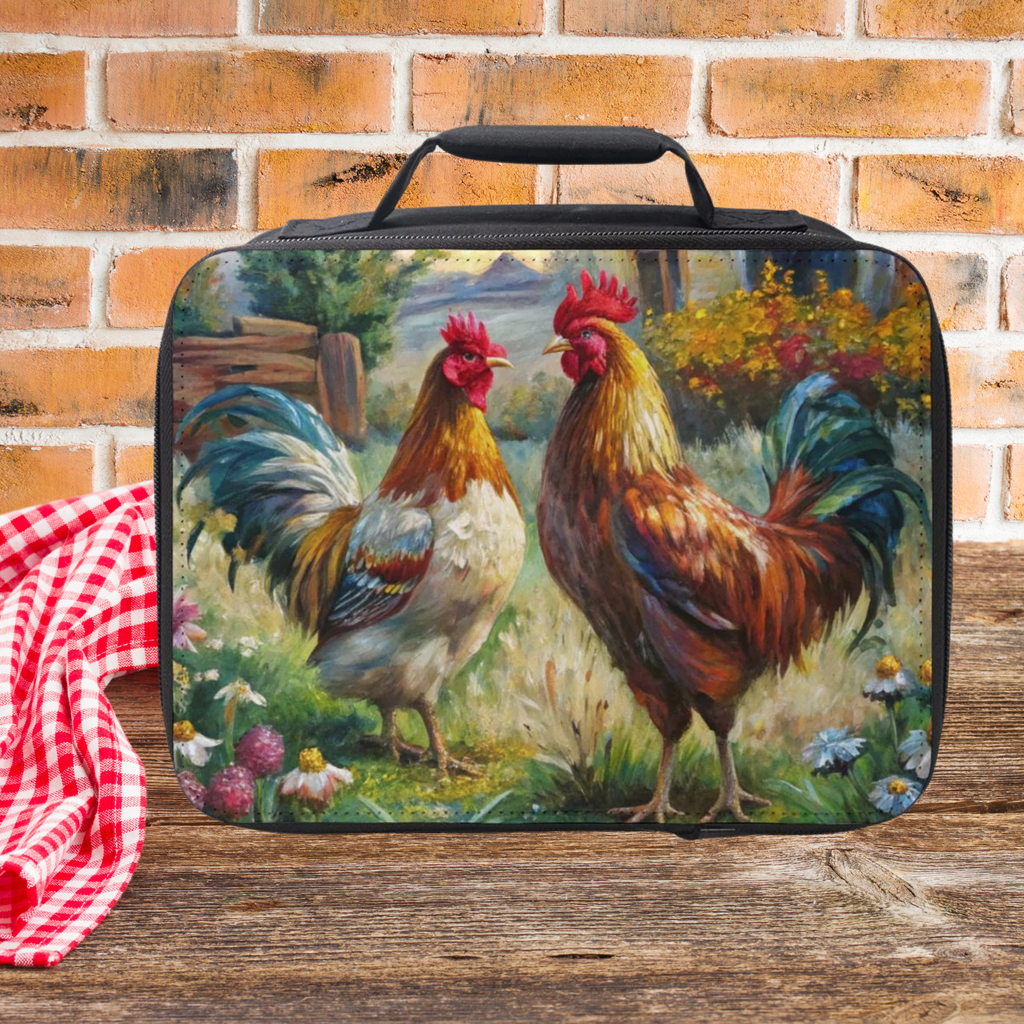  insulated lunch bag with rooster design on a wooden picnic table against a brick wall background
