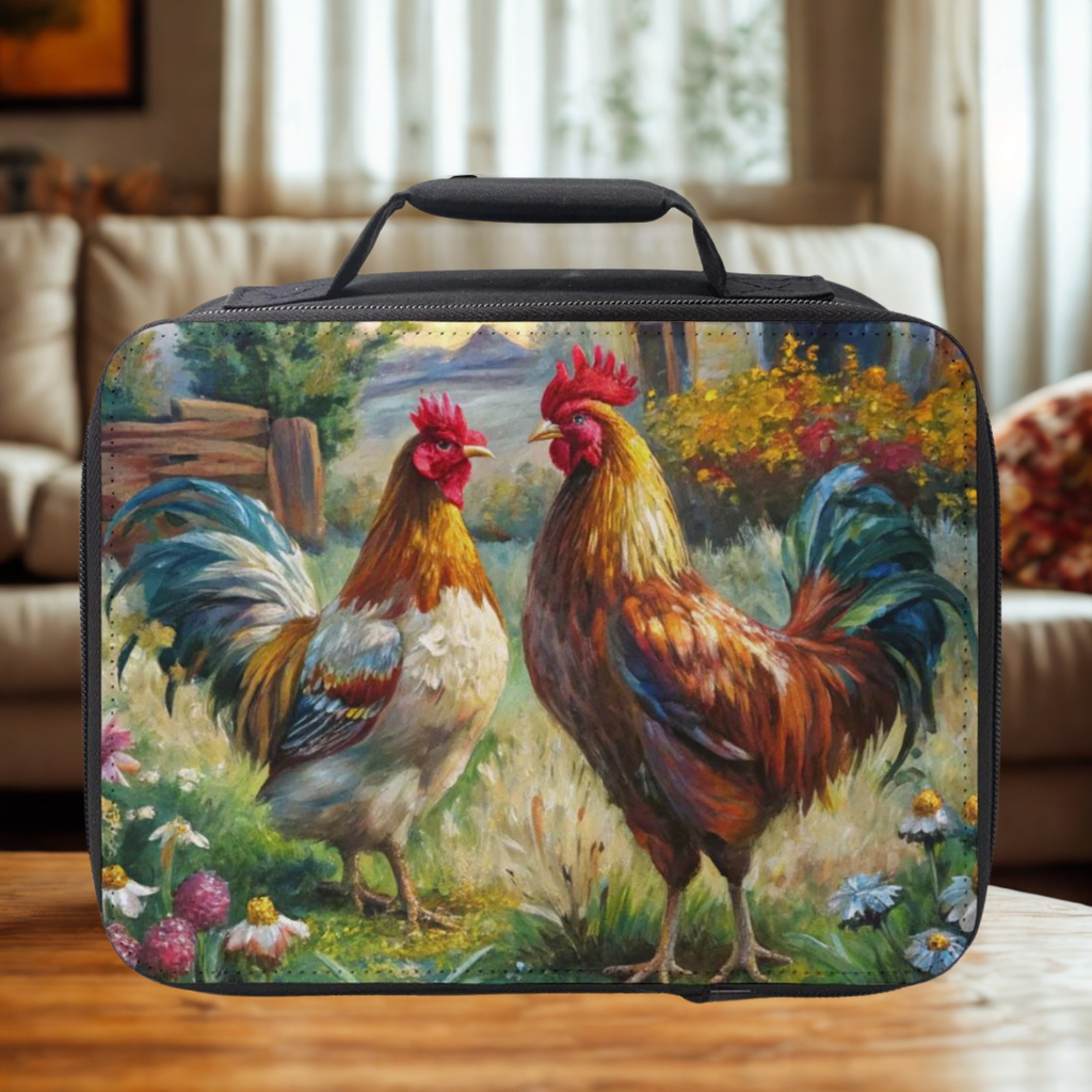  insulated lunch bag with rooster design on a wooden surface