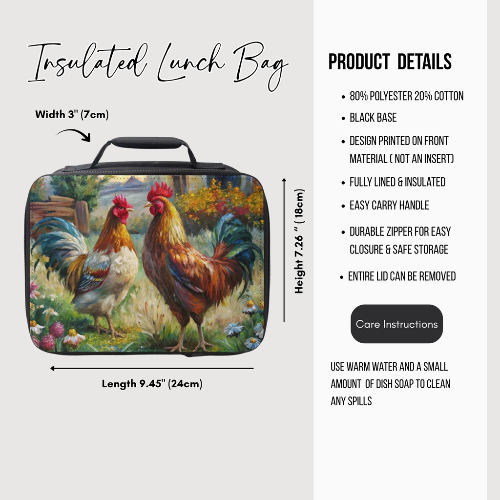 Insulated lunch bag with rooster design and product details on a white background