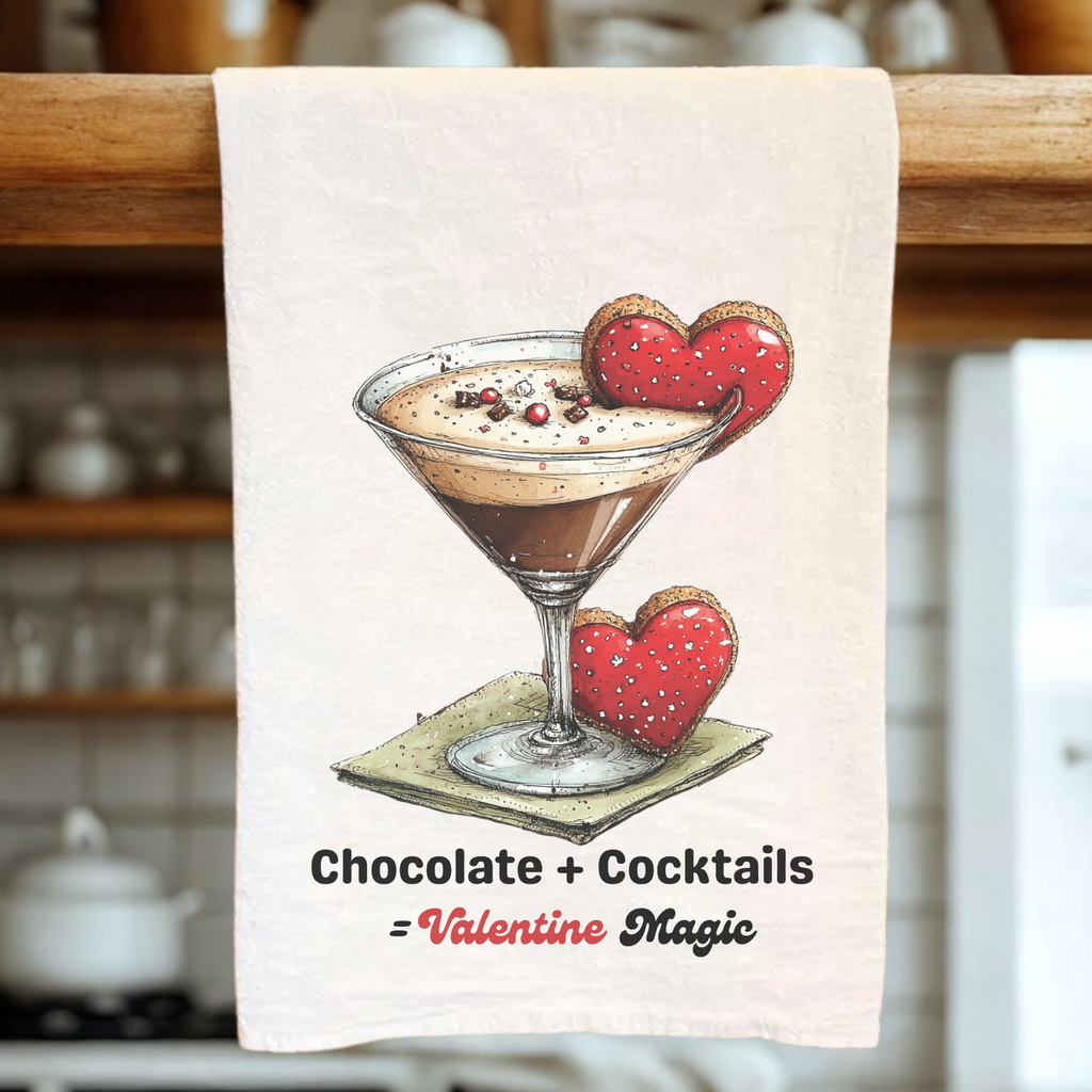 Tea towel with a chocolate cocktail design and text in a kitchen setting