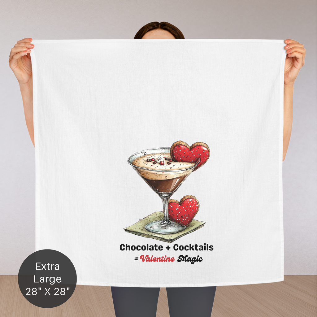 Person holding an extra large tea towel with a chocolate cocktail illustration and text.