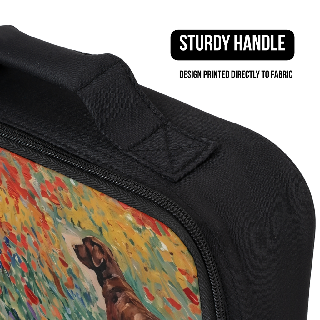 Close up of a black lunch bag with a colorful design of a chocolate Labrador dog on a white background, featuring a sturdy handle.