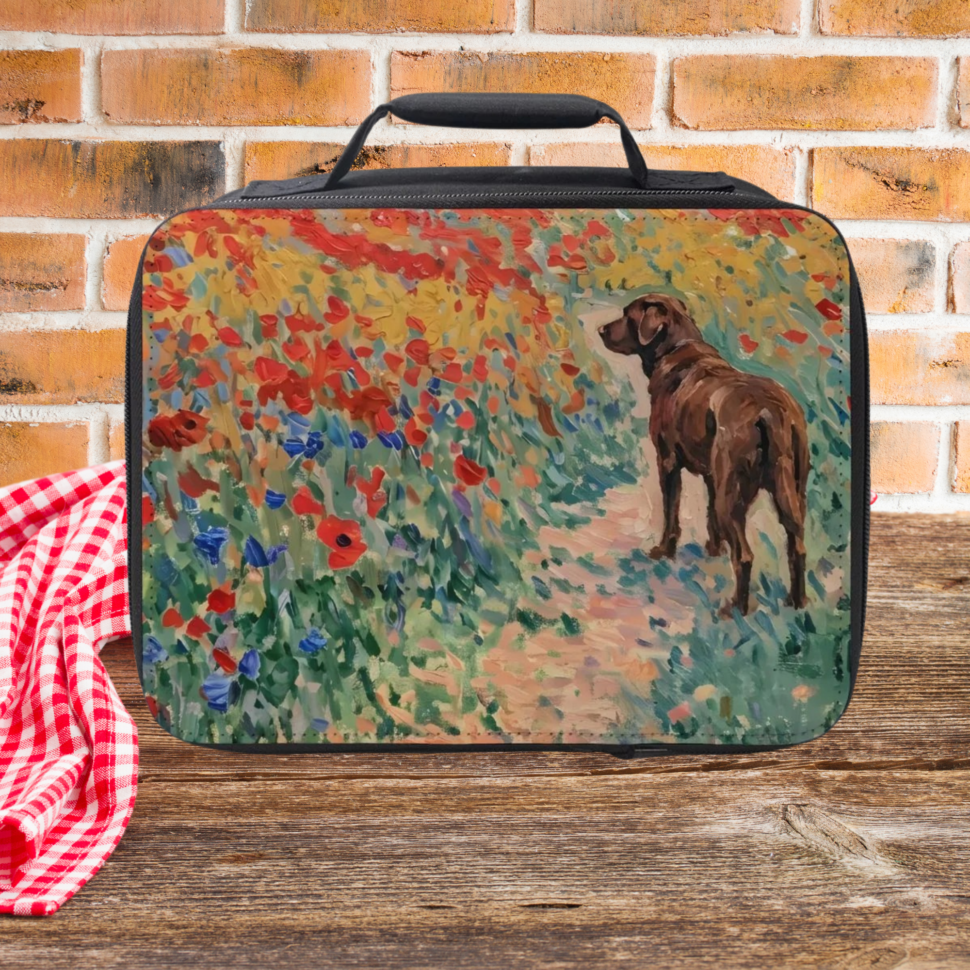 Lunch bag with a painting of a chocolate lab dog and red and gold flowers on a wooden picnic table brick wall background