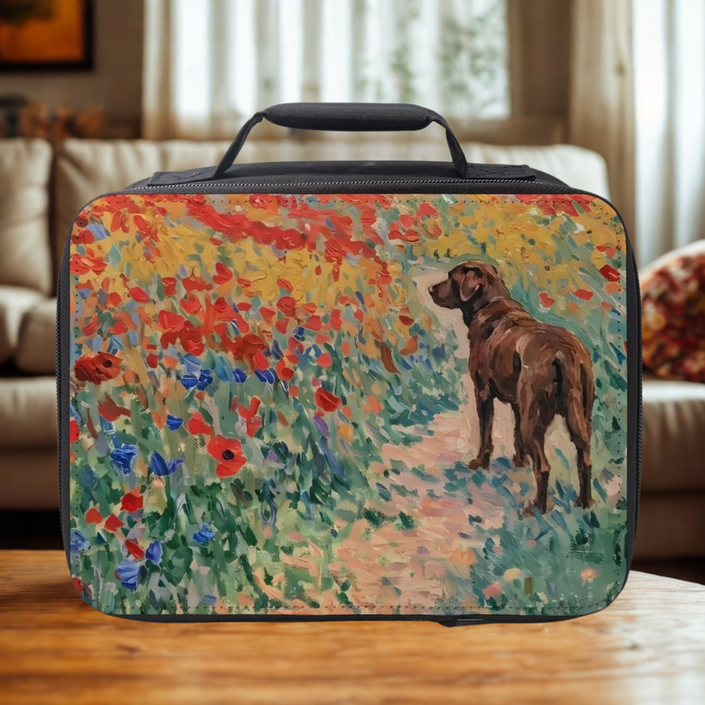 Rectangular lunch bag with a Labrador dog and floral design on a wooden table.